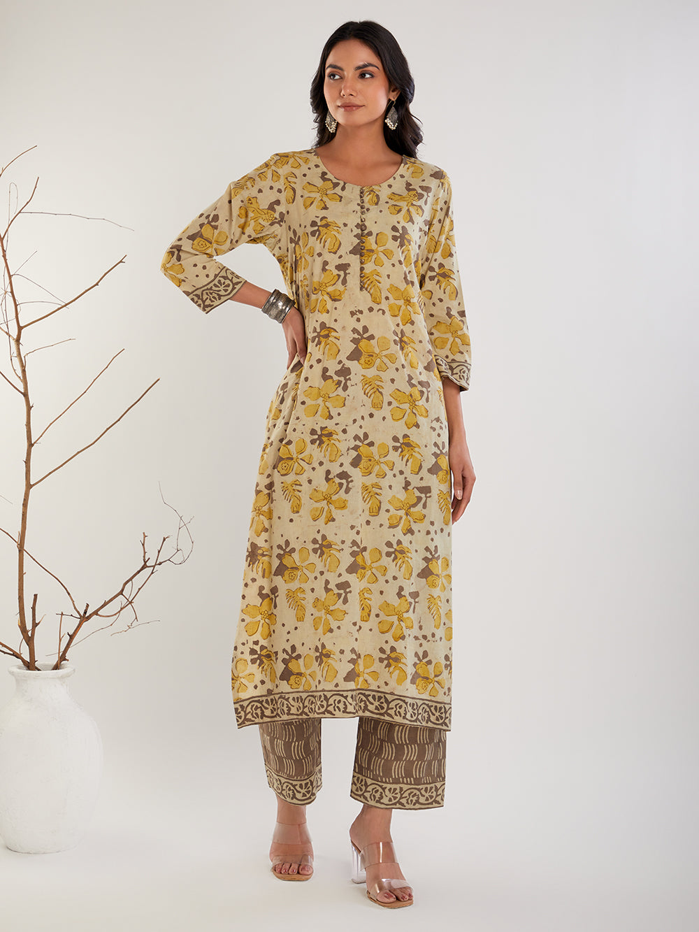 Yellow and Brown Hand Block Print Kurta