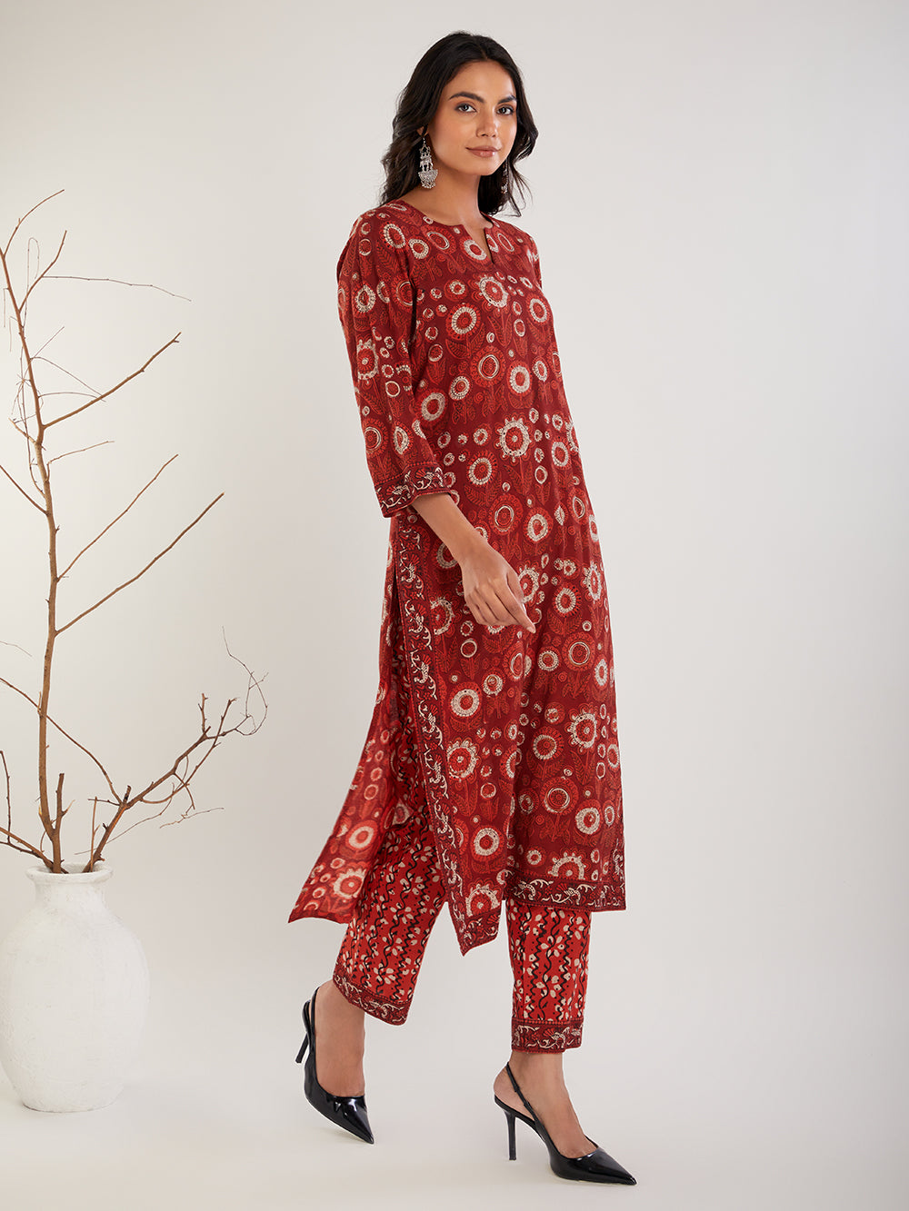 Red & Beige Vanaspati Ajrak Cotton Suit- Set of 3