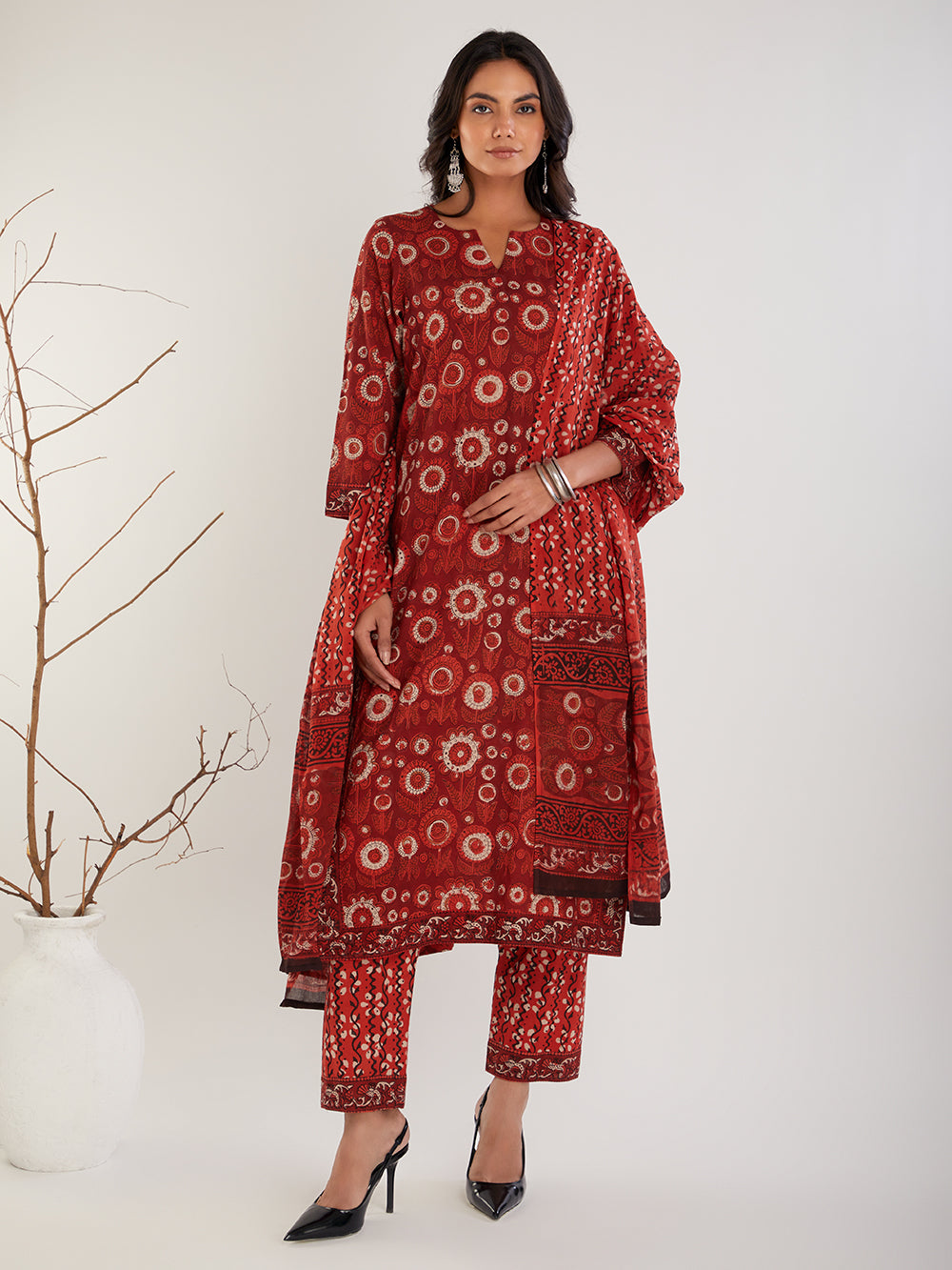 Red & Beige Vanaspati Ajrak Cotton Suit- Set of 3