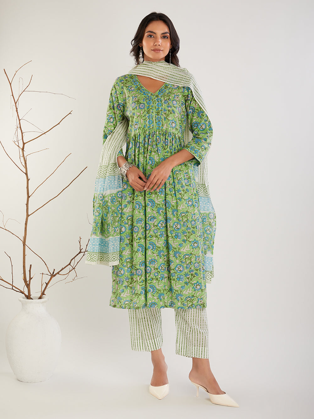 Green Hand Block Print Suit Set- Set of 3