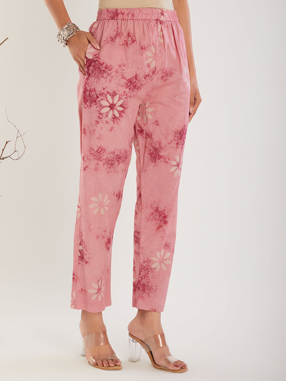 Pink Chanderi Silk hand block print suit set- set of 3