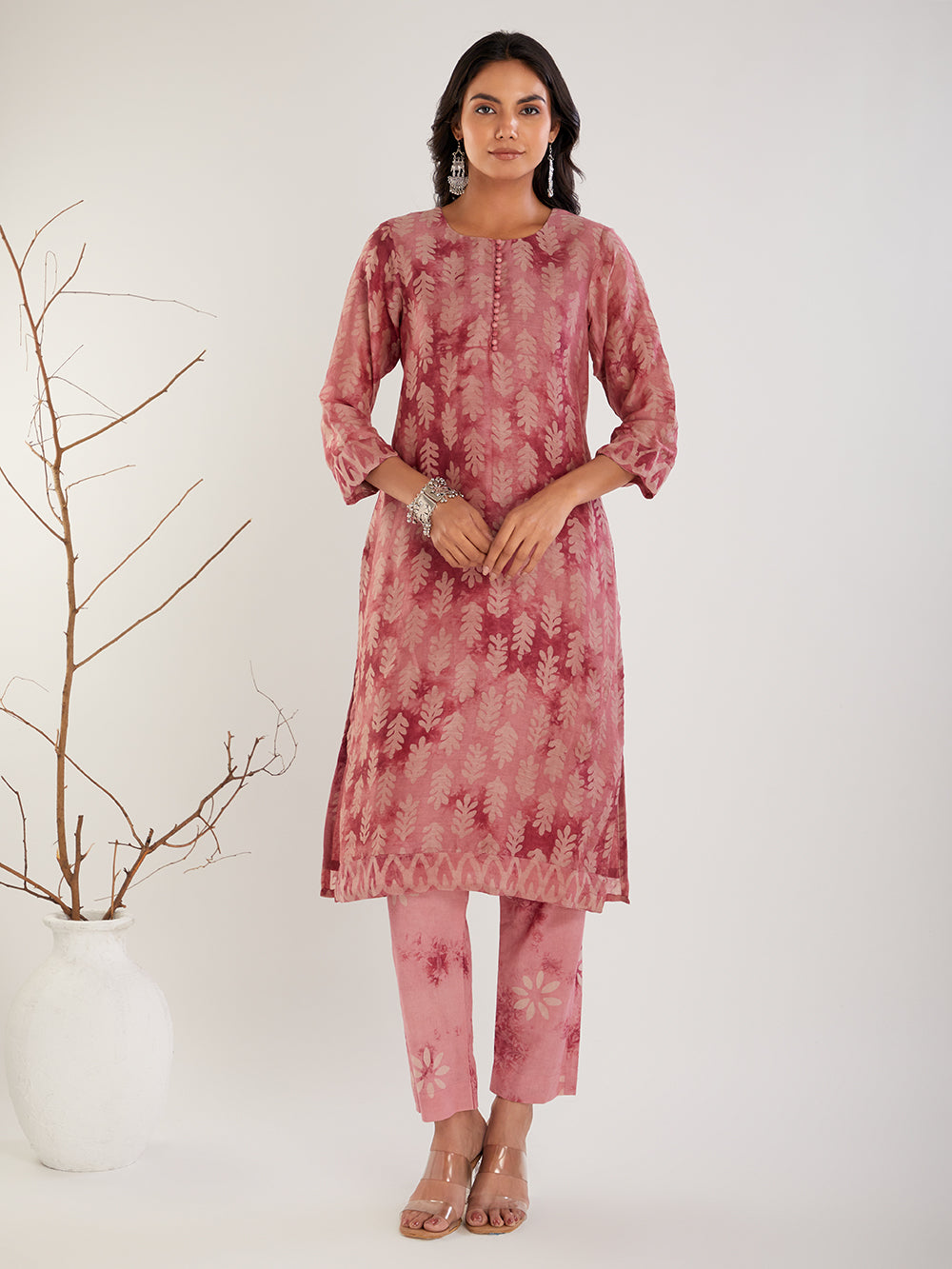 Pink Chanderi Silk hand block print suit set- set of 3