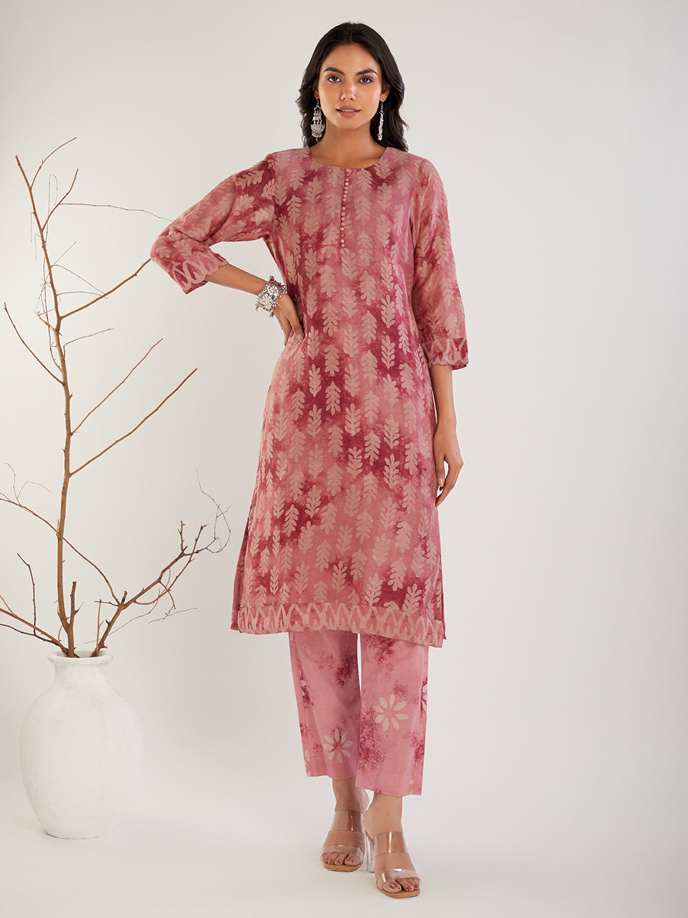 Pink Chanderi Silk hand block print suit set- set of 3