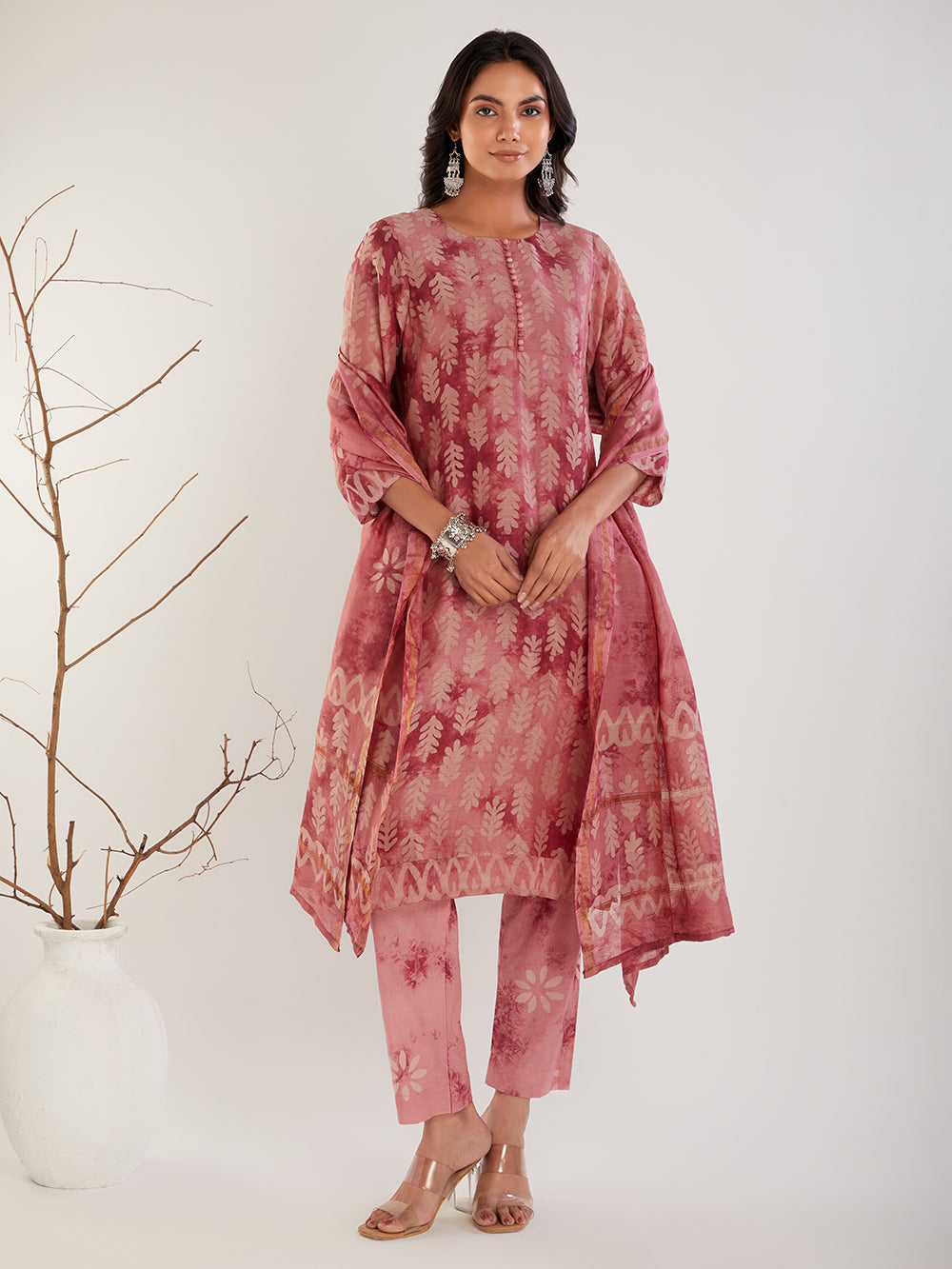 Pink Chanderi Silk hand block print suit set- set of 3