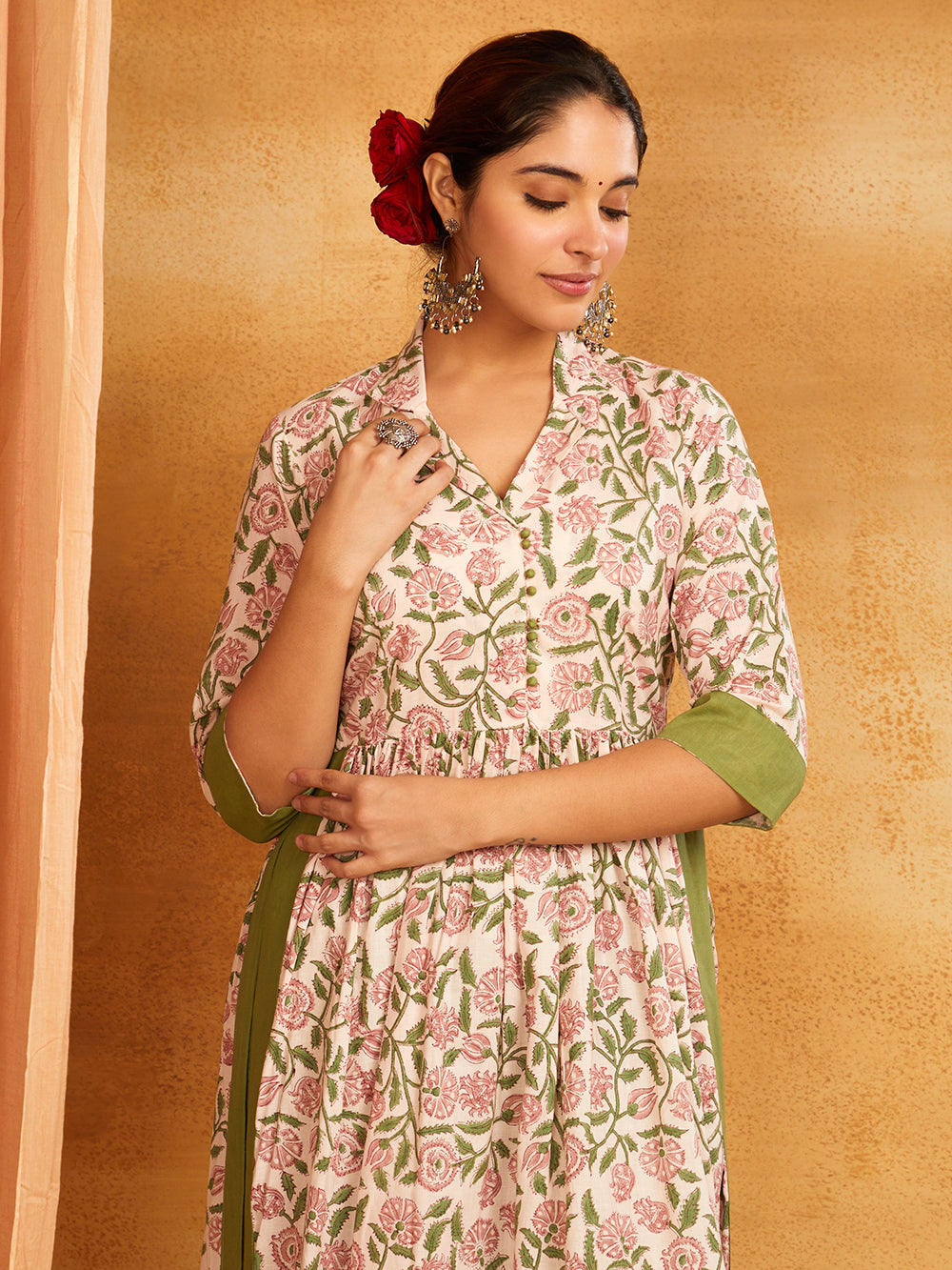Green Block Printed Long Slit Kurta