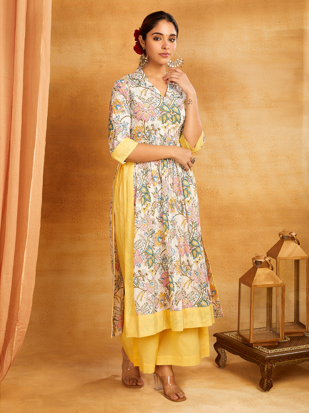 Yellow Block Printed Long Slit Kurta