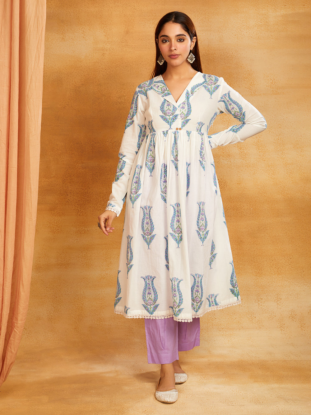 Purple Block Printed Cotton Anarkali Kurta