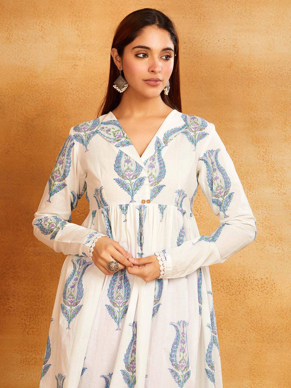 Purple Block Printed Cotton Anarkali Kurta