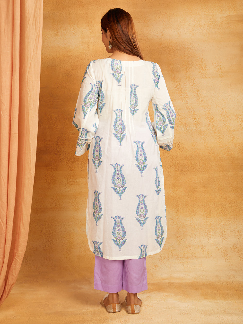 Purple Block Printed Cotton Lace Detailing Suit- Set of 3