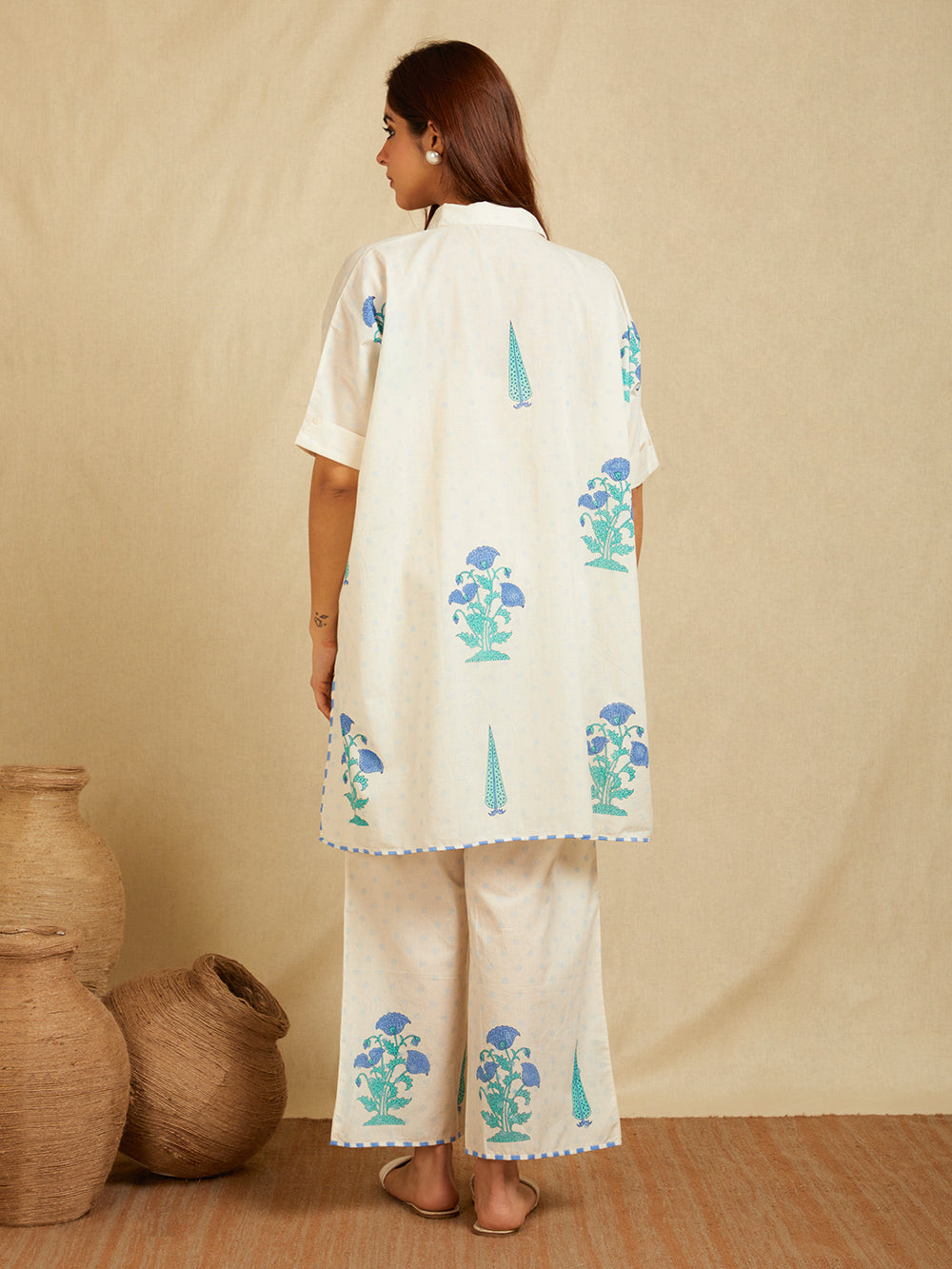 Off-White Blue Hand Block Printed Cotton High-Low Kaftan Co-Ord Set