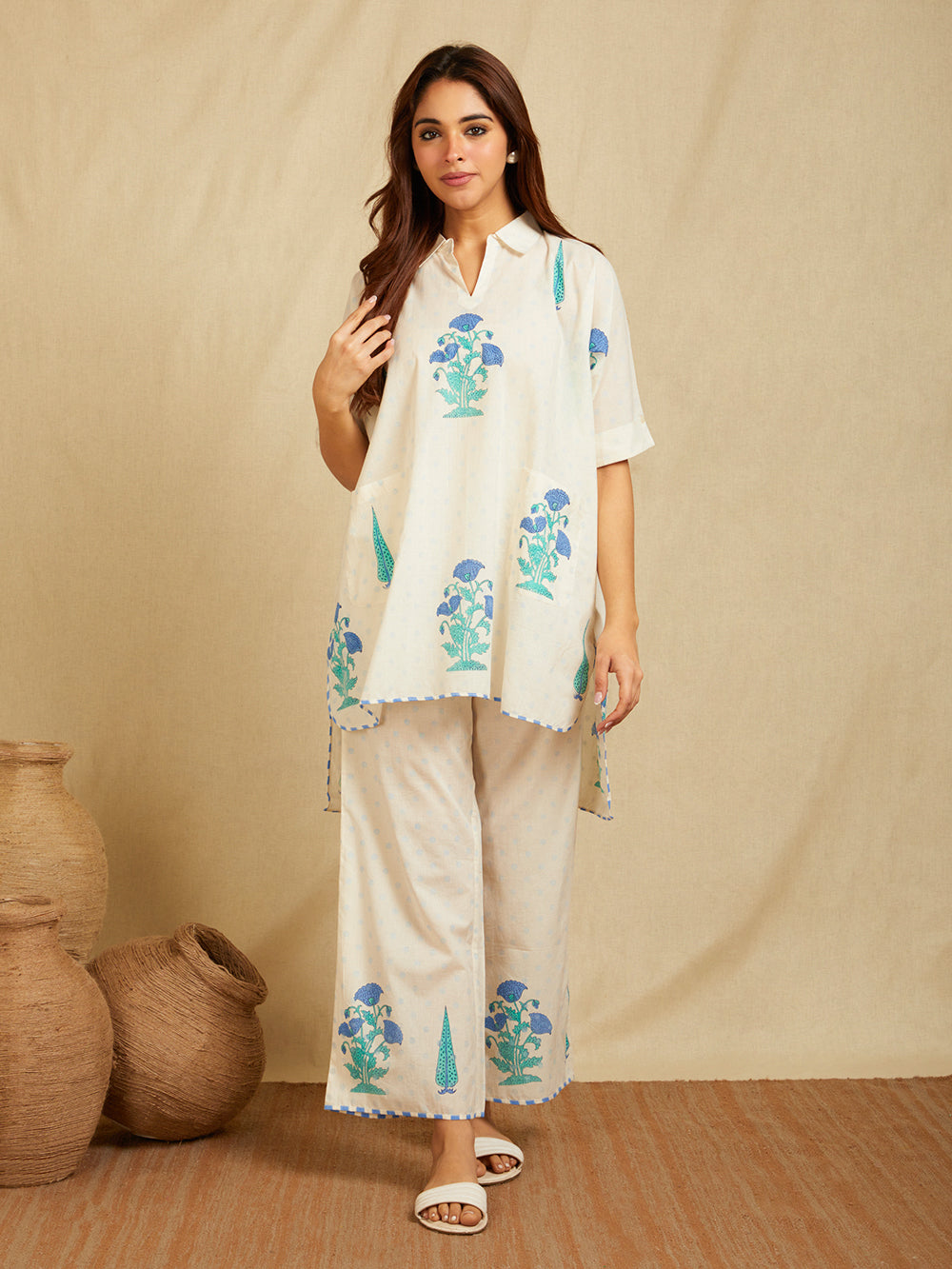 Off-White Blue Hand Block Printed Cotton High-Low Kaftan Co-Ord Set