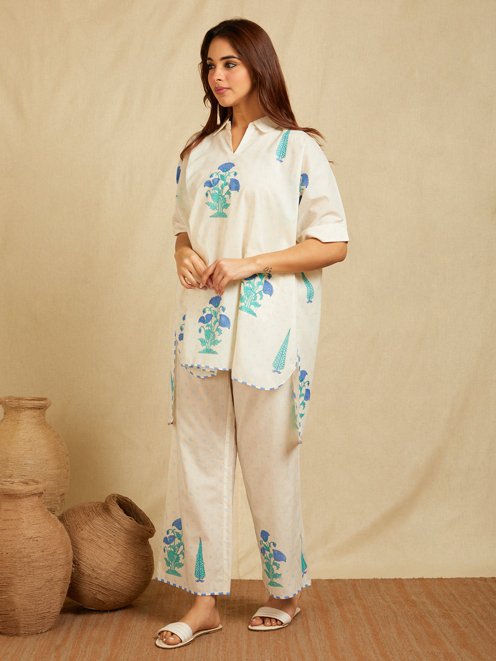 Off-White Blue Hand Block Printed Cotton High-Low Kaftan Co-Ord Set