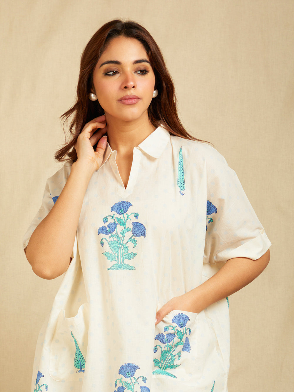 Off-White Blue Hand Block Printed Cotton High-Low Kaftan Co-Ord Set