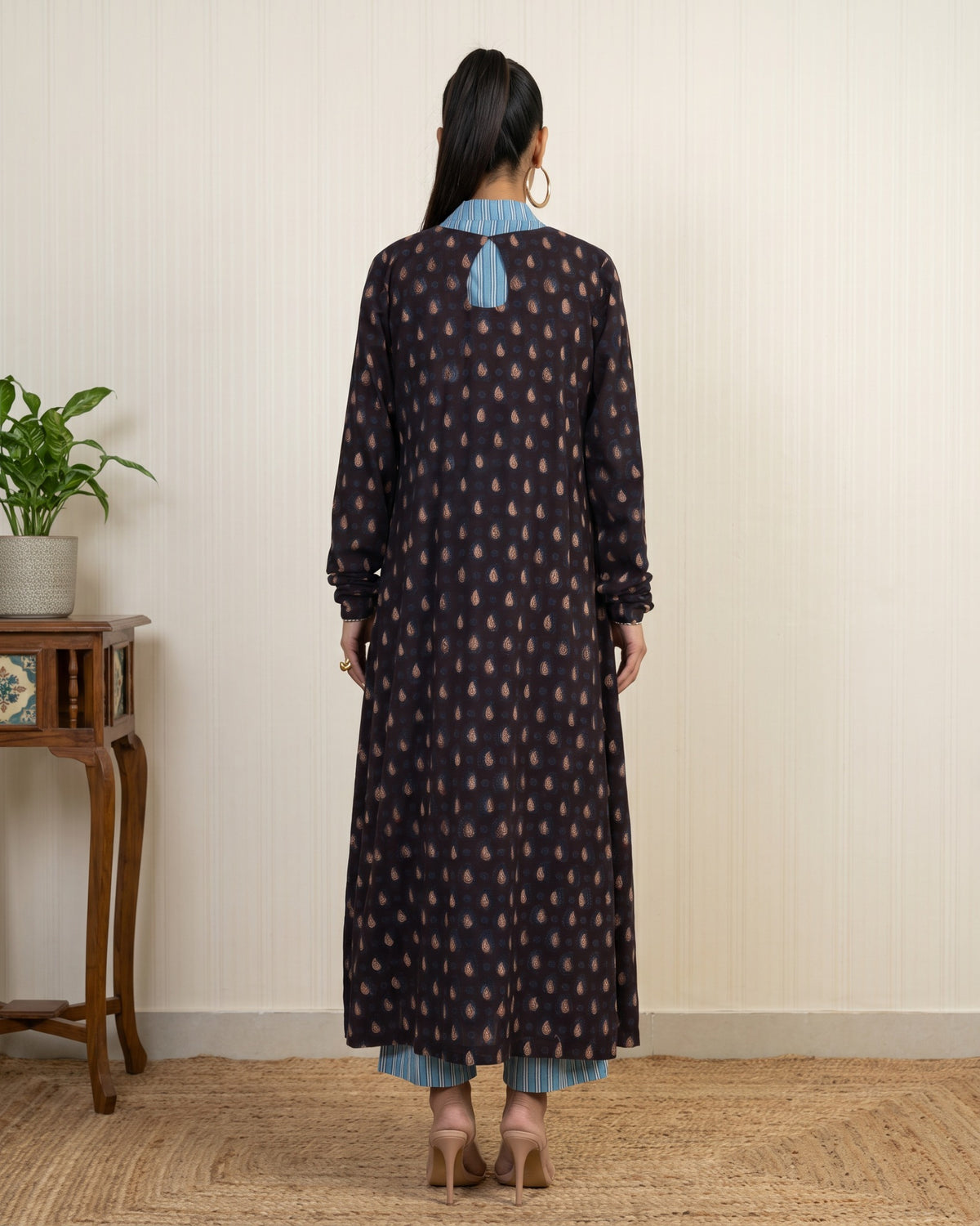 Blue Hand Block Printed Long Jacket Co-Ord Set