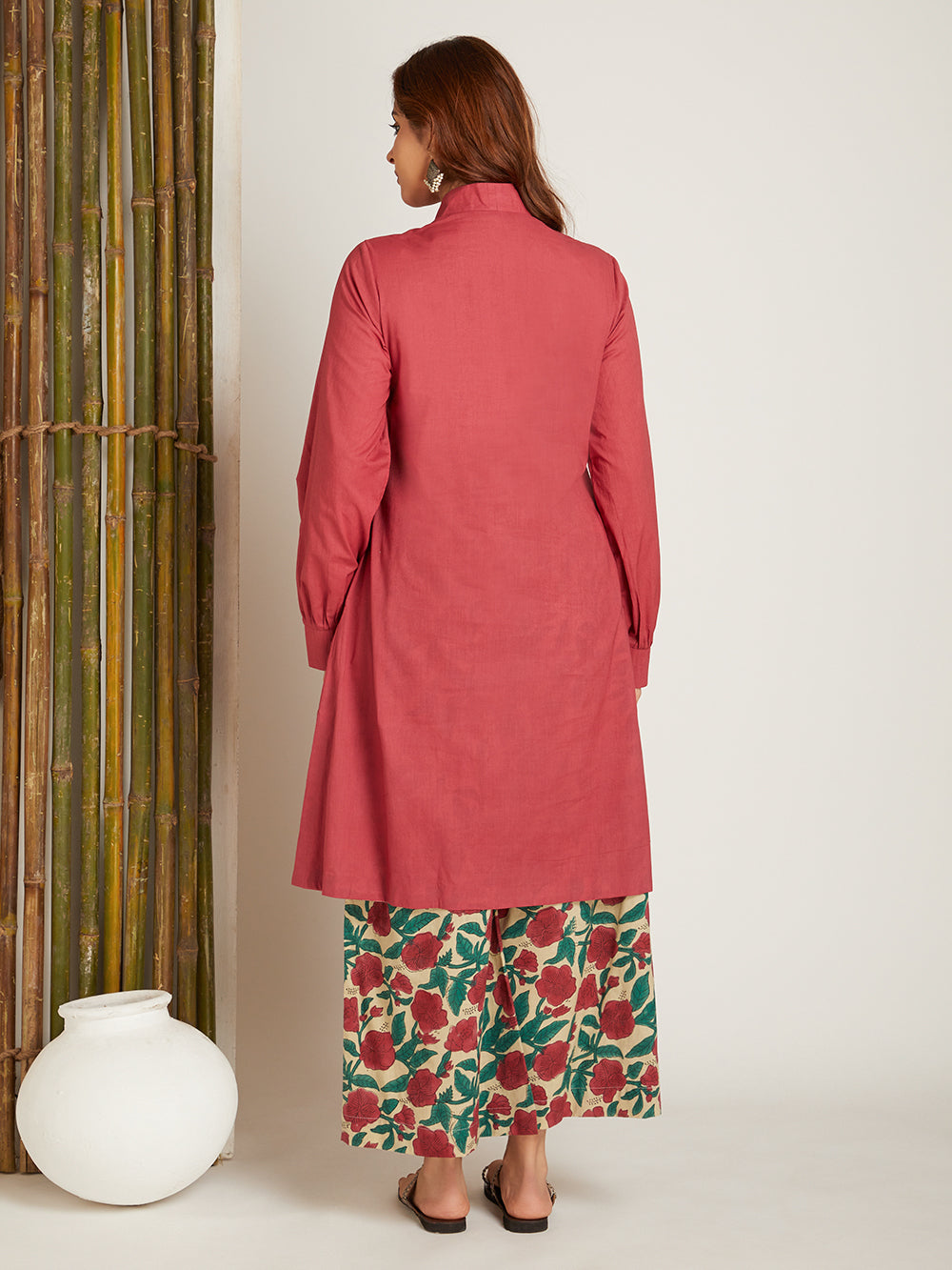 Box Pleated Solid Neck Kurta with Block Printed Palazzo