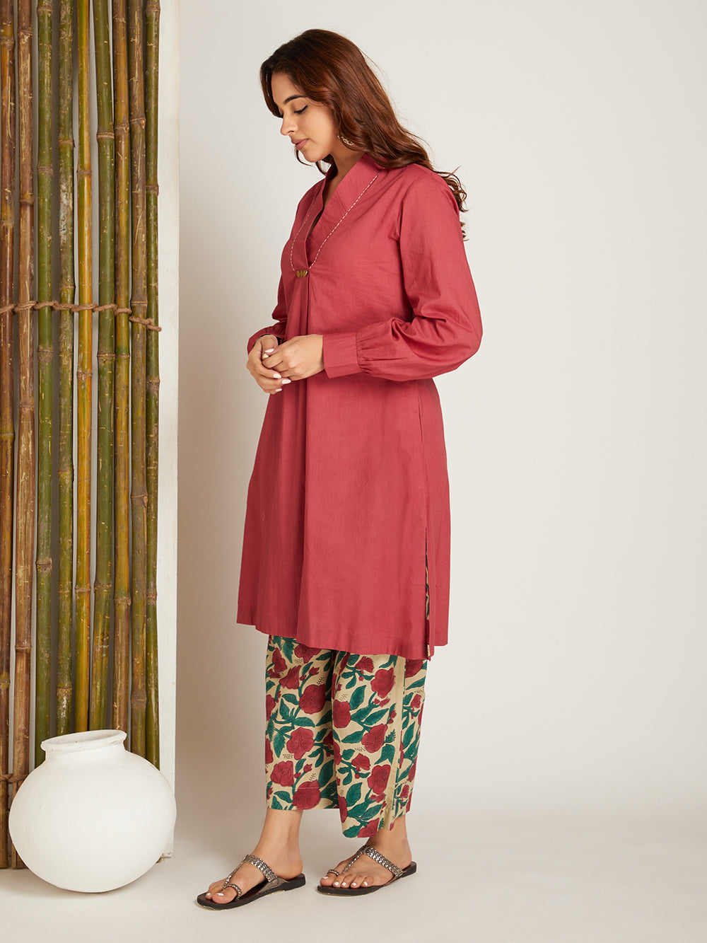 Box Pleated Solid Neck Kurta with Block Printed Palazzo