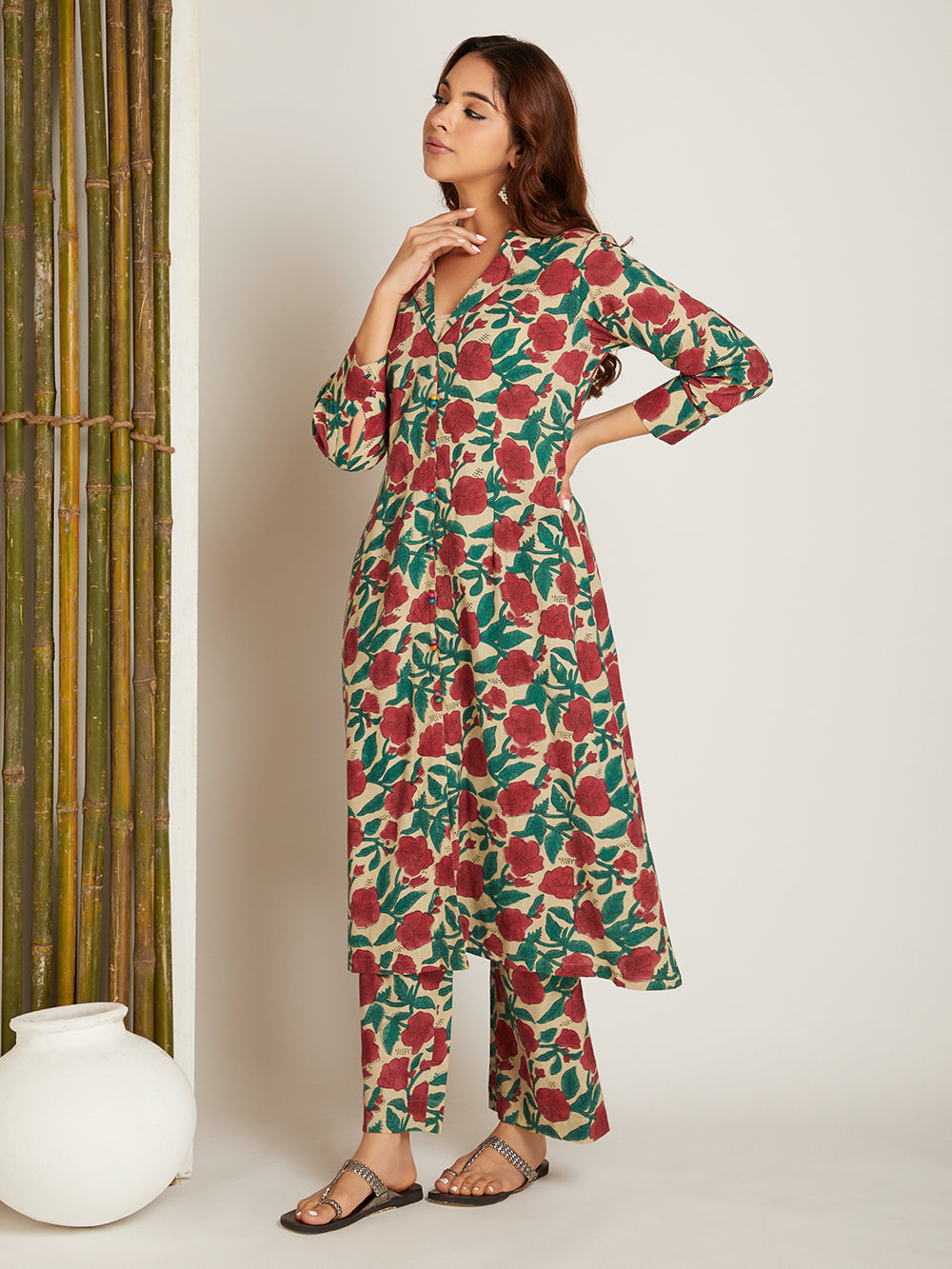Bottle Green Block Printed Kurta with Pants