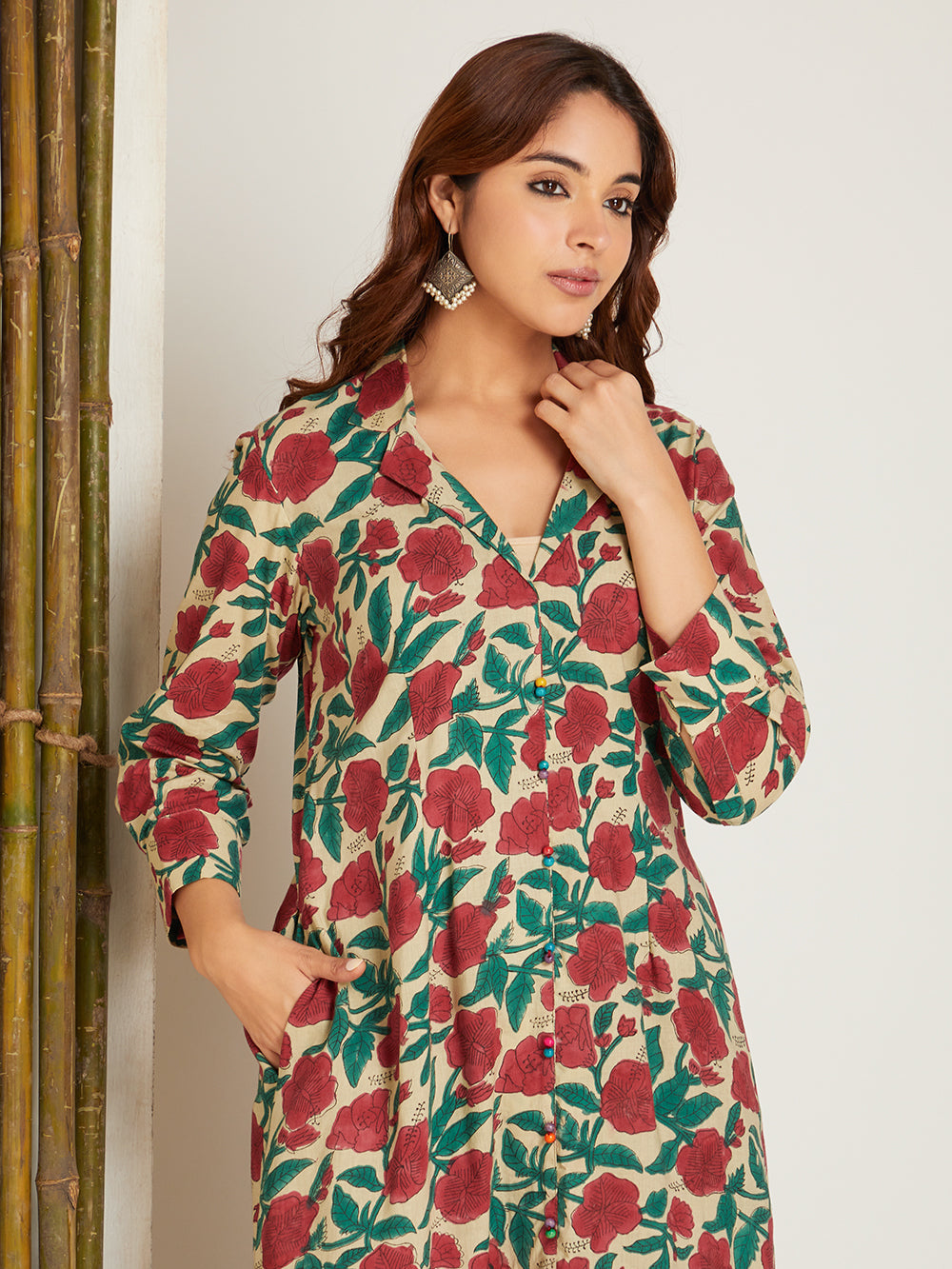 Bottle Green Block Printed Kurta with Pants