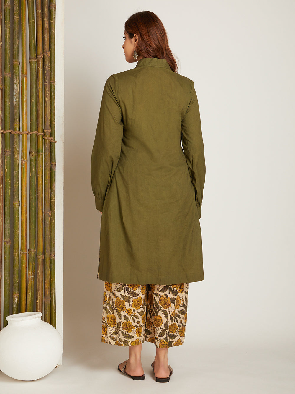 Box Pleated Neck Solid Kurta with Block Printed Palazzo