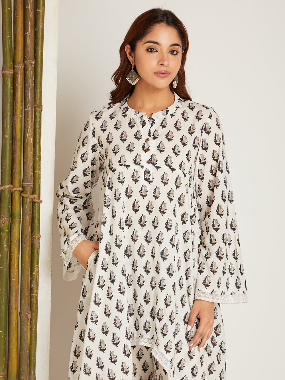 Black Block Printed A-Line High & Low Hem Kurta with Pants with Lace Detailing