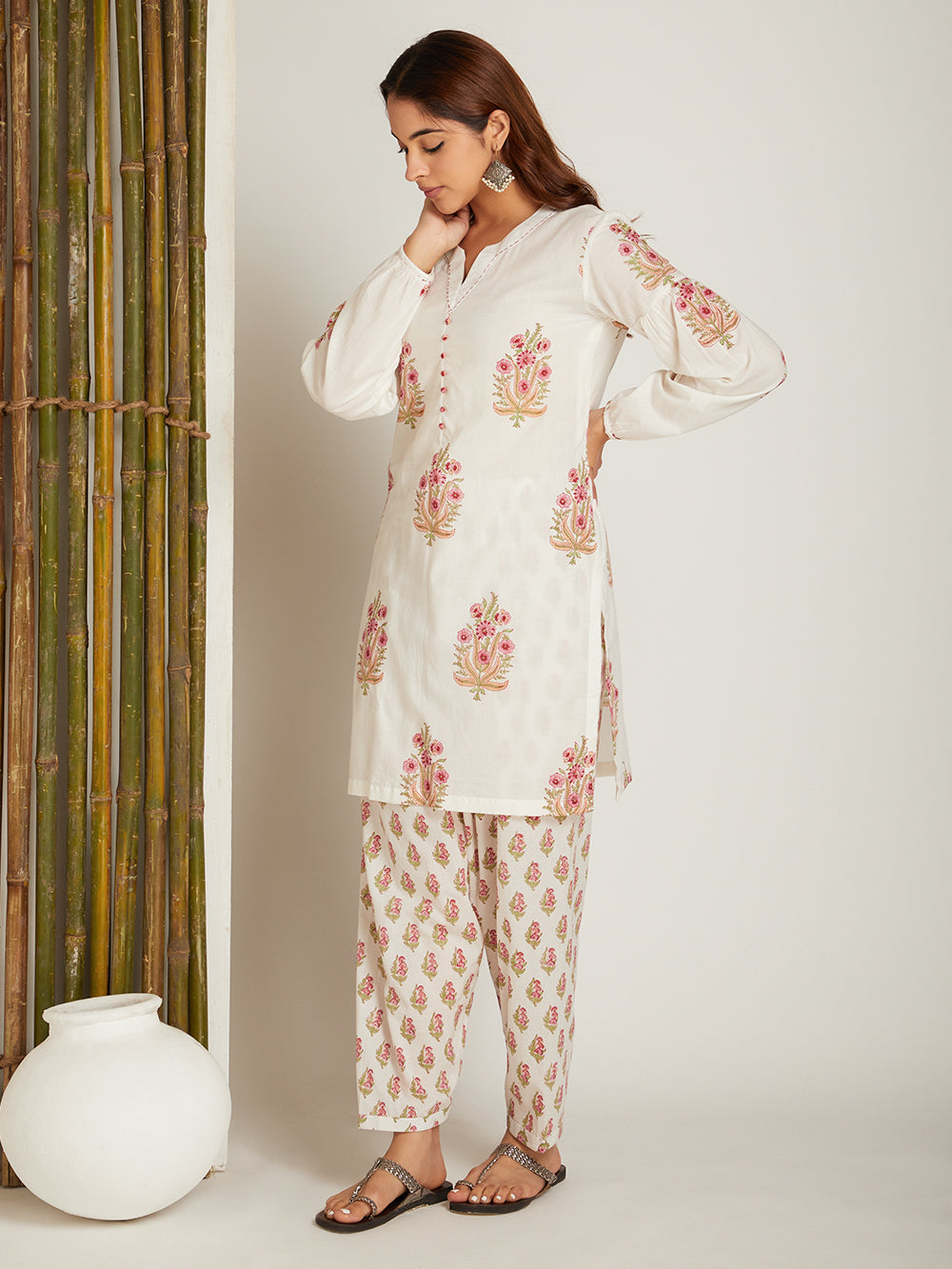 Off White Block Printed Kurta with Salwar