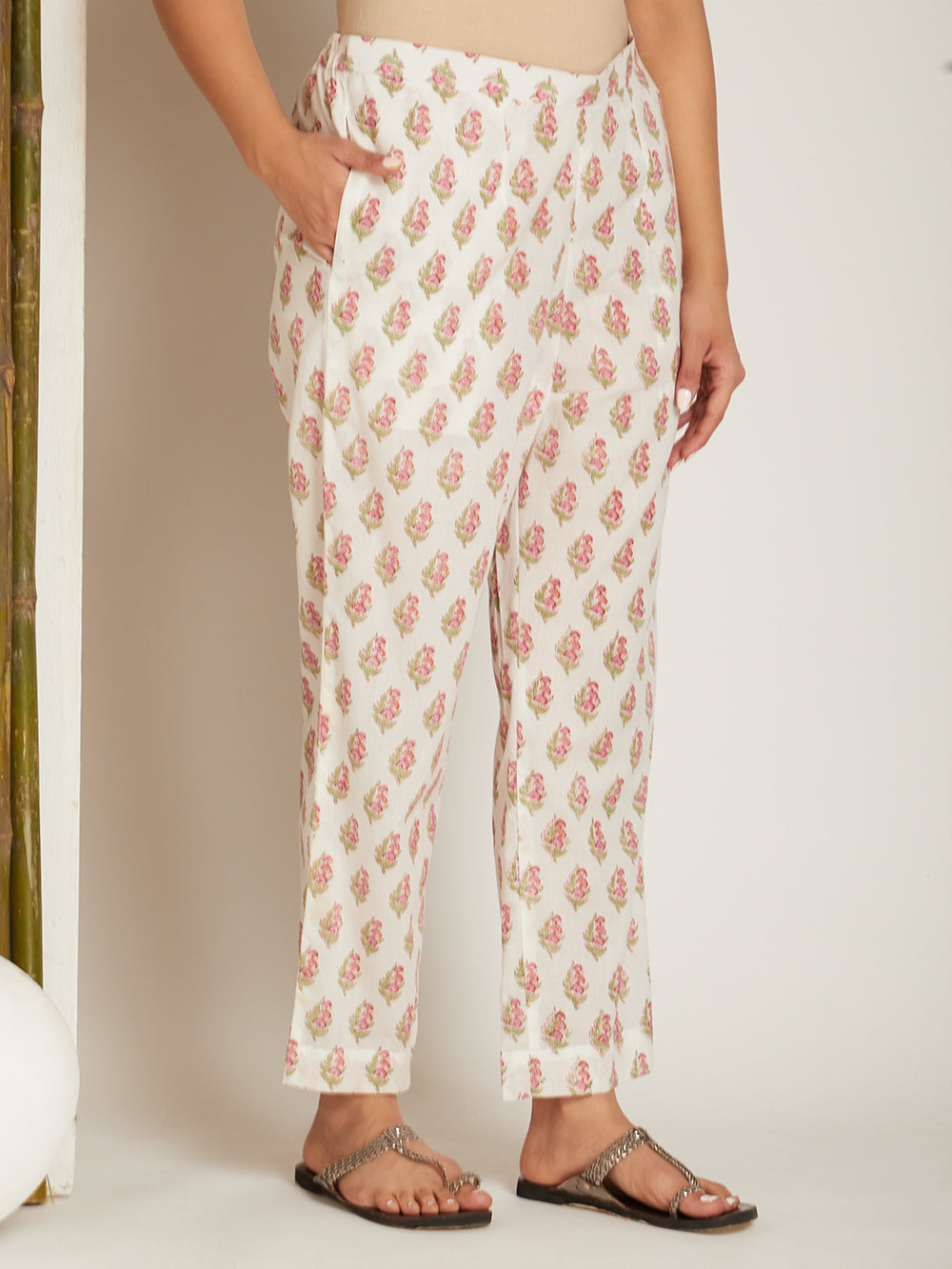 Magenta Cotton Block Printed Pants