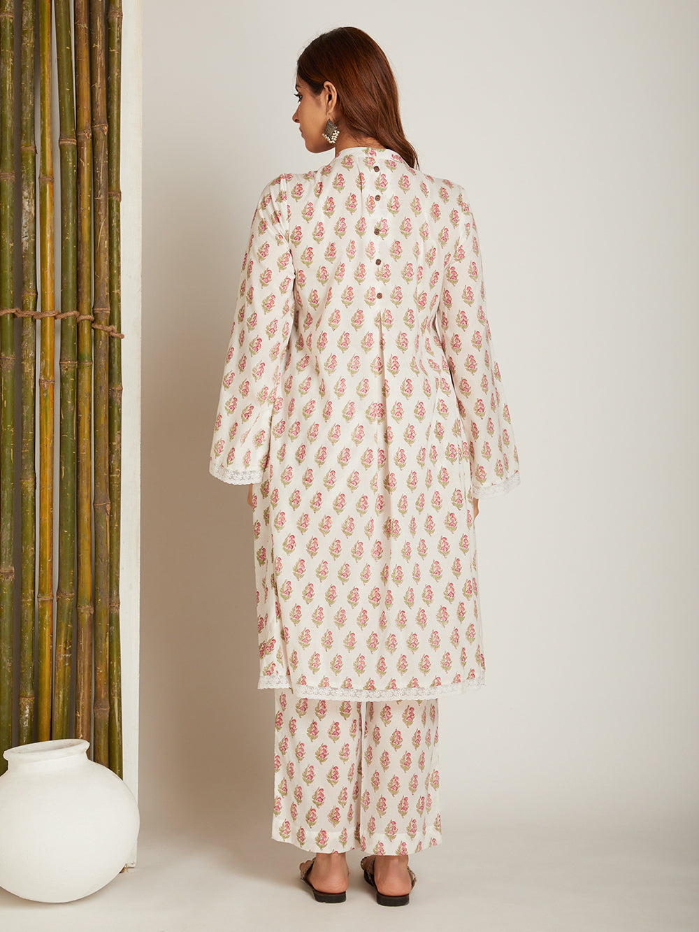 Magenta Block Printed A-Line High & Low Hem Kurta with Pants with Lace Detailing