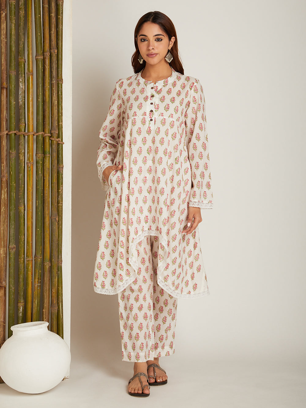 Magenta Block Printed A-Line High & Low Hem Kurta with Lace Detailing