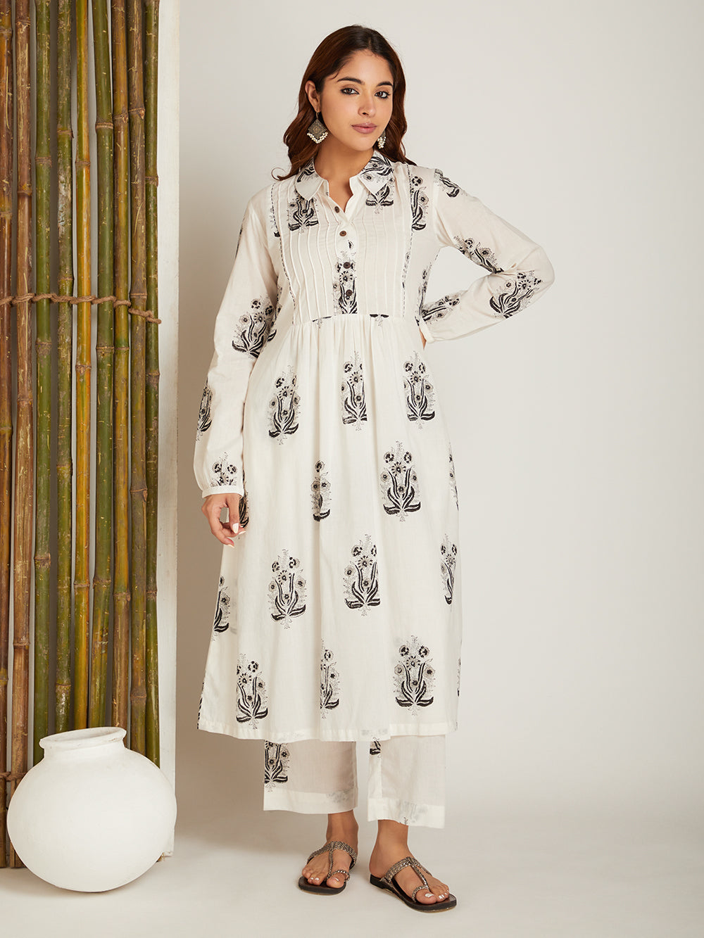 Block Printed A-line Kurta & Pant with Pintuck Detailing