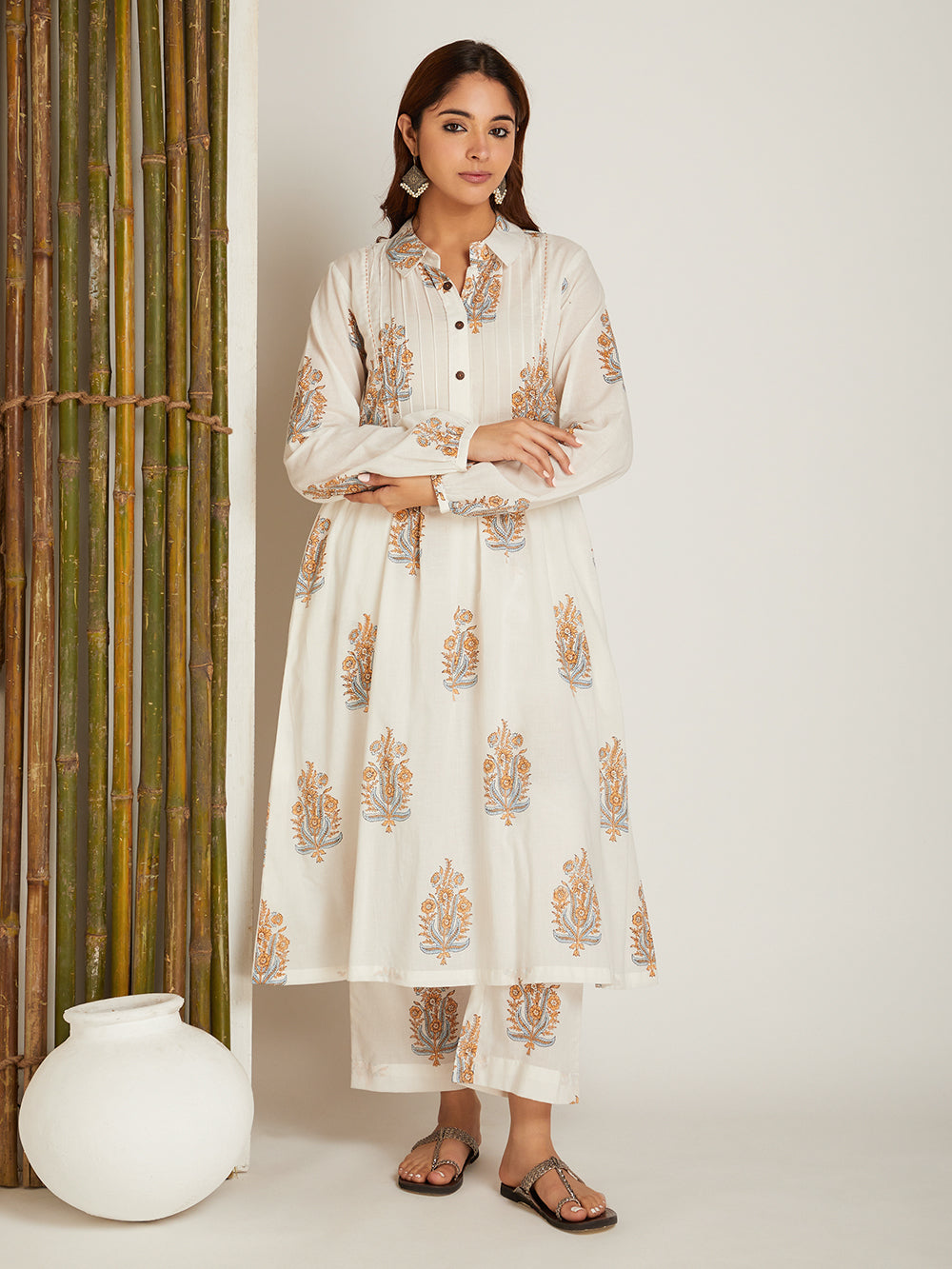 Block Printed A-line Kurta & Pant with Pintuck Detailing