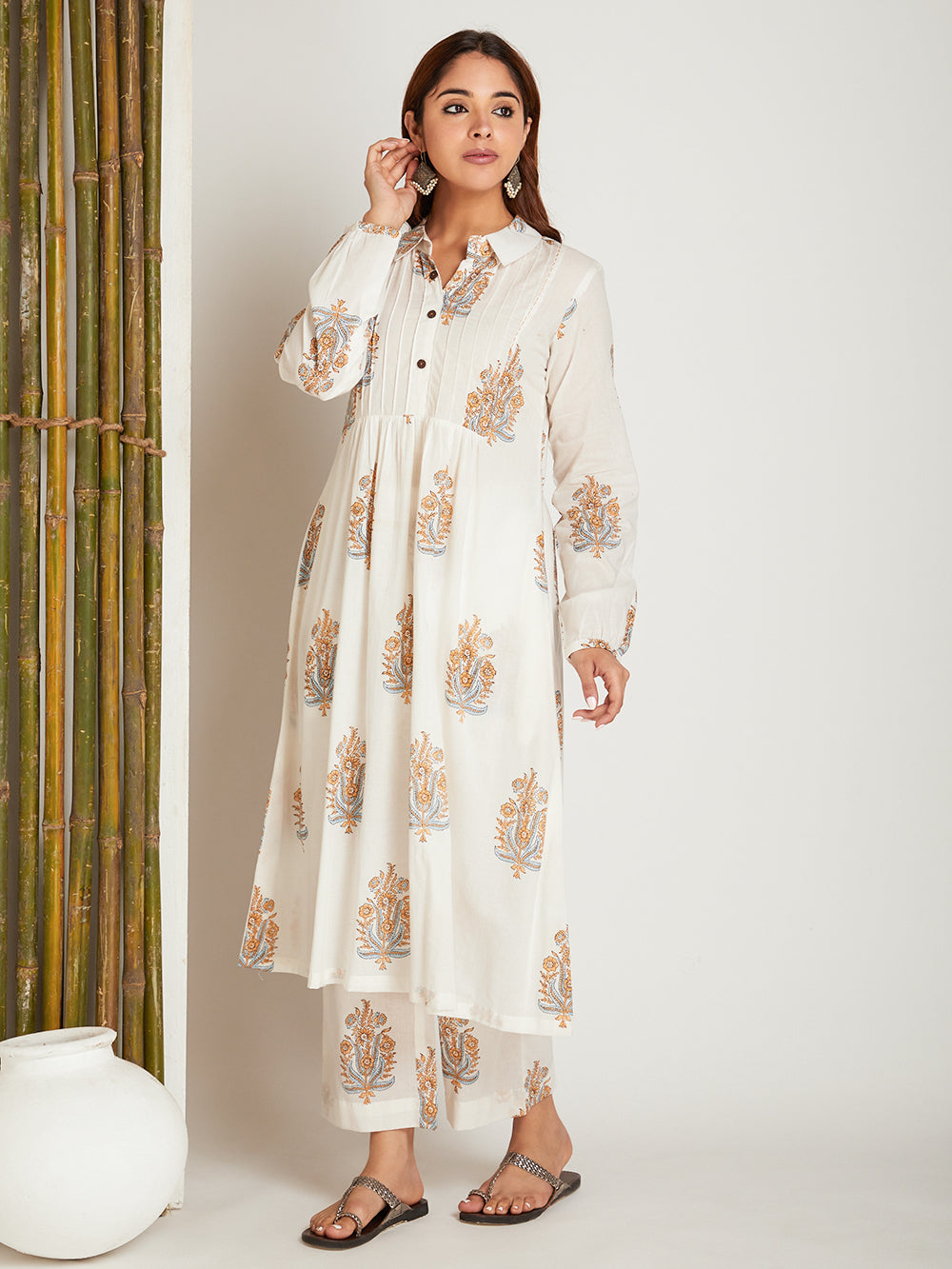 Block Printed A-line Kurta & Pant with Pintuck Detailing