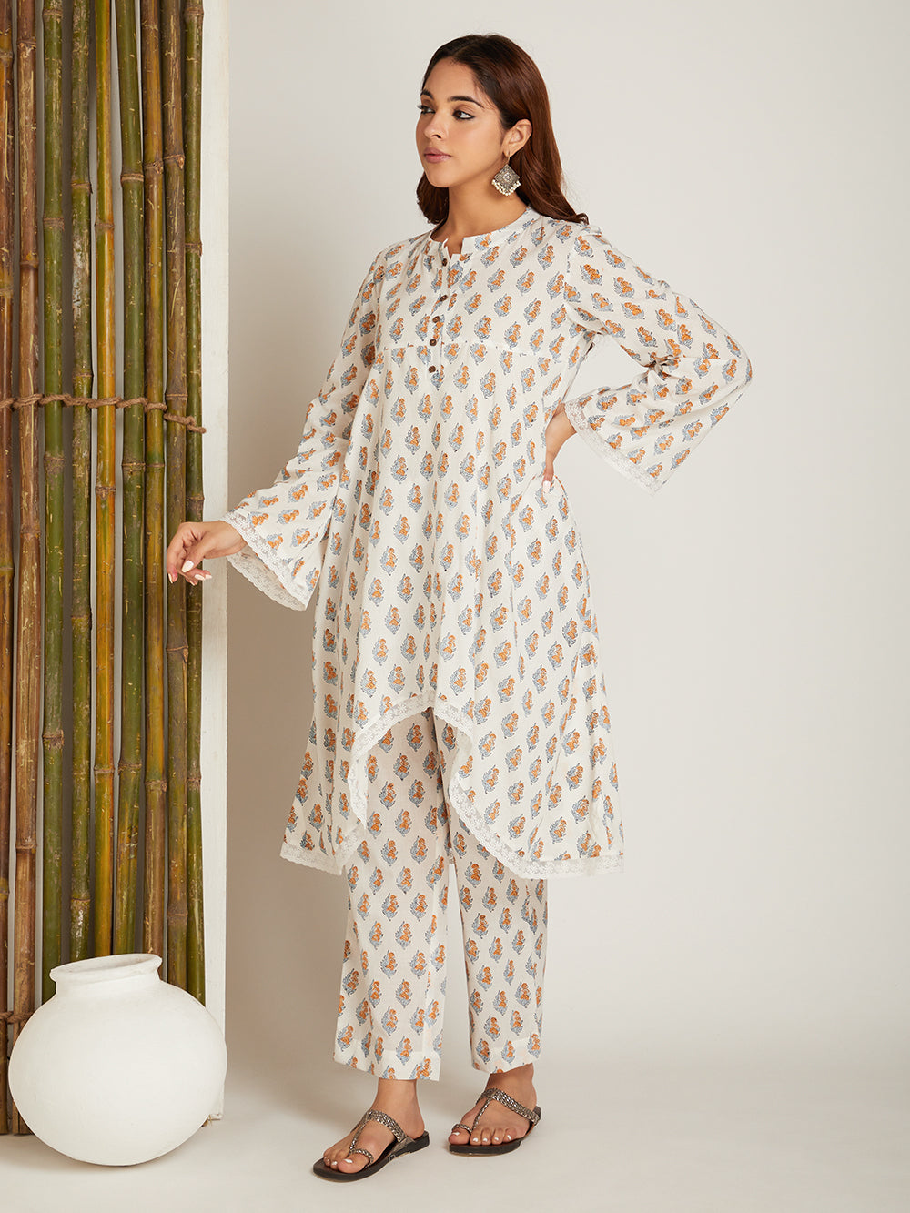 Multi Block Printed A-Line High & Low Hem Kurta with Pants with Lace Detailing