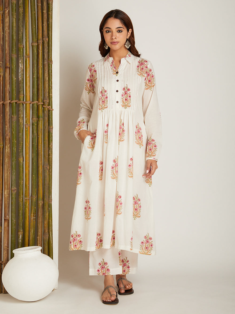 Block Printed A-line Kurta & Pant with Pintuck Detailing