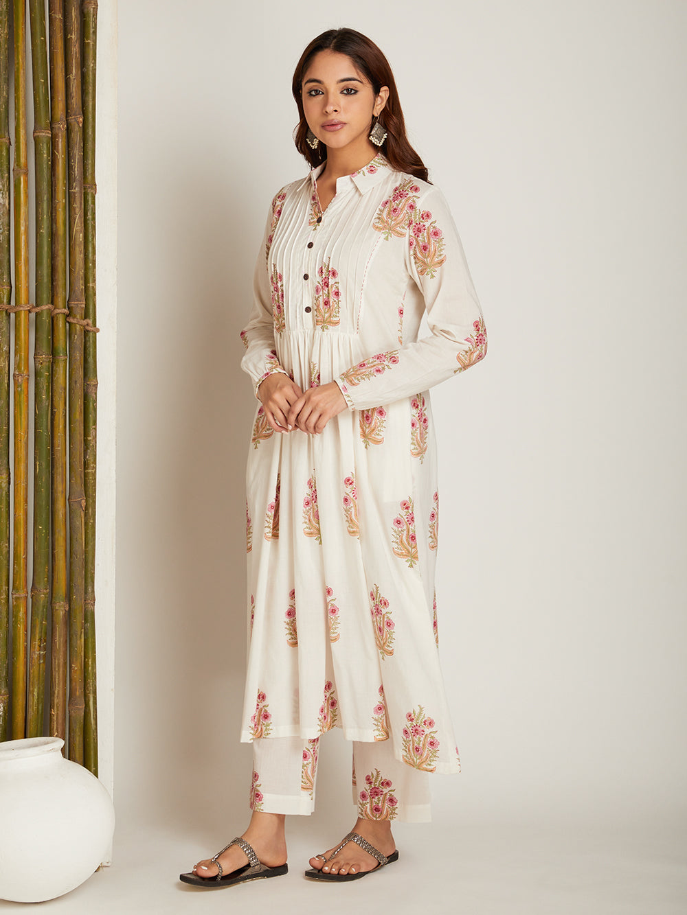 Block Printed A-line Kurta & Pant with Pintuck Detailing
