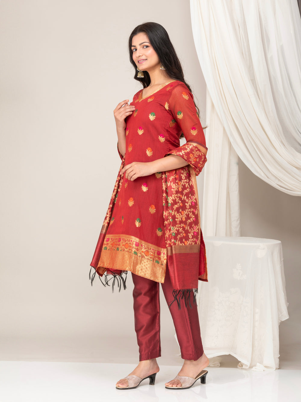 Red Banarasi Cotton Silk Suit Set- Set of 3