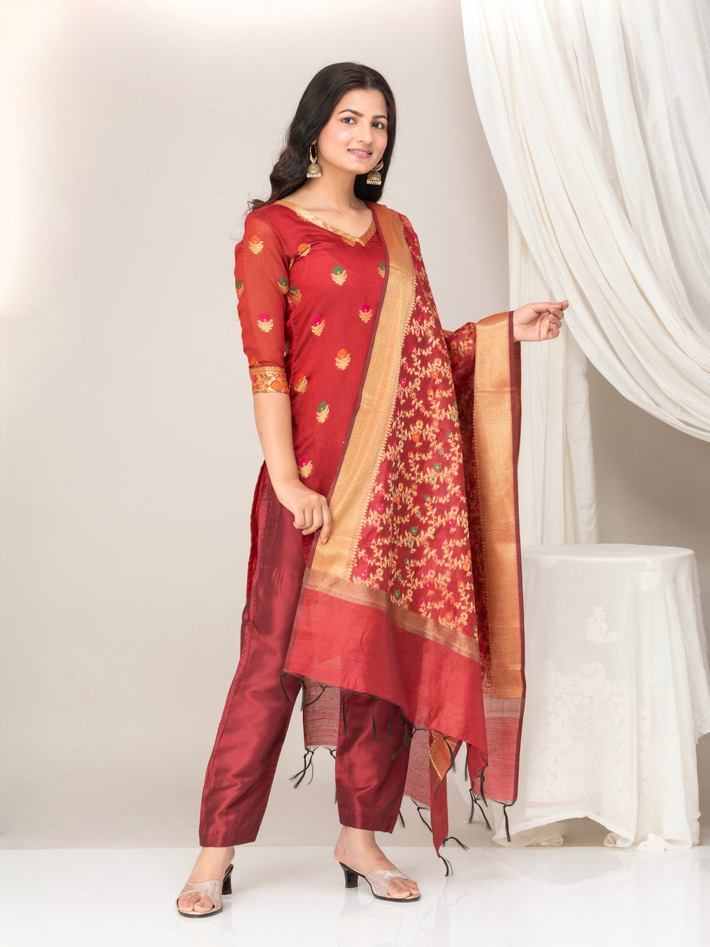 Red Banarasi Cotton Silk Suit Set- Set of 3