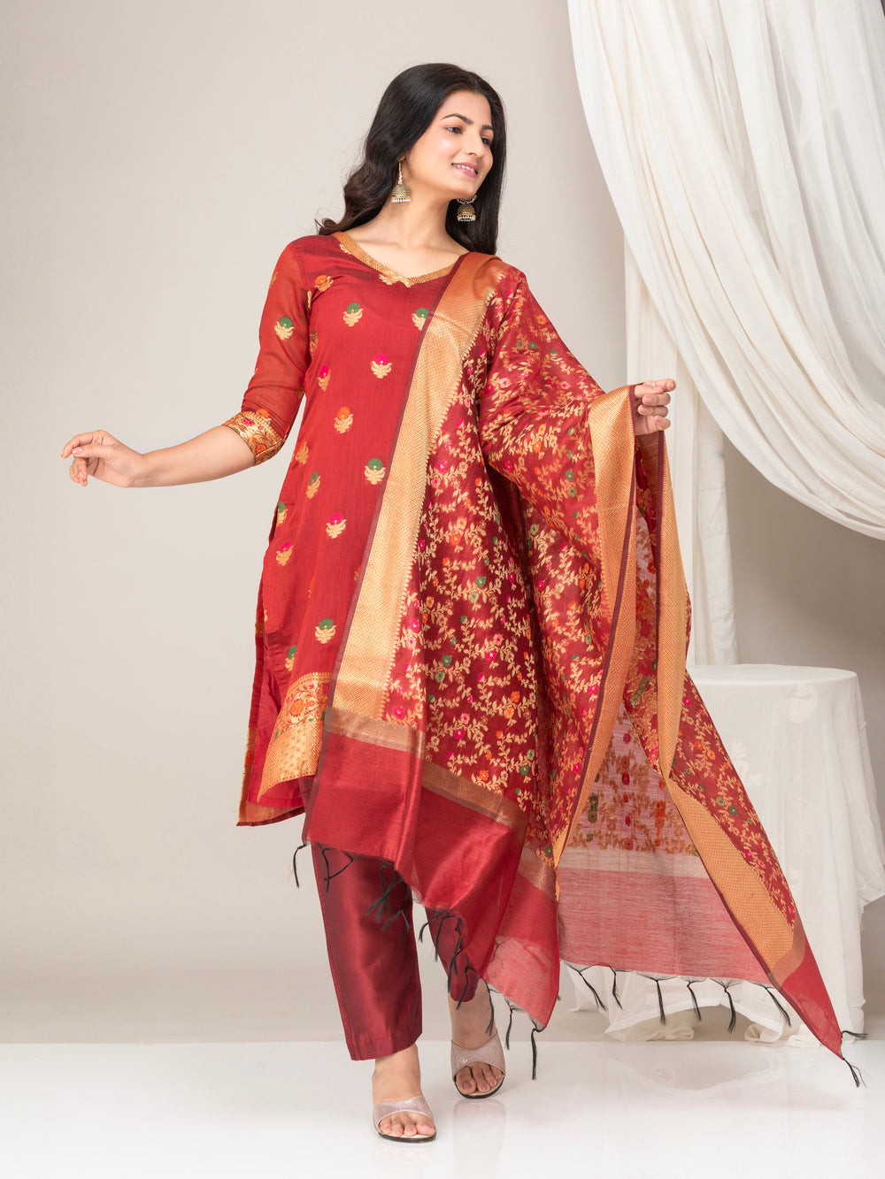 Red Banarasi Cotton Silk Suit Set- Set of 3