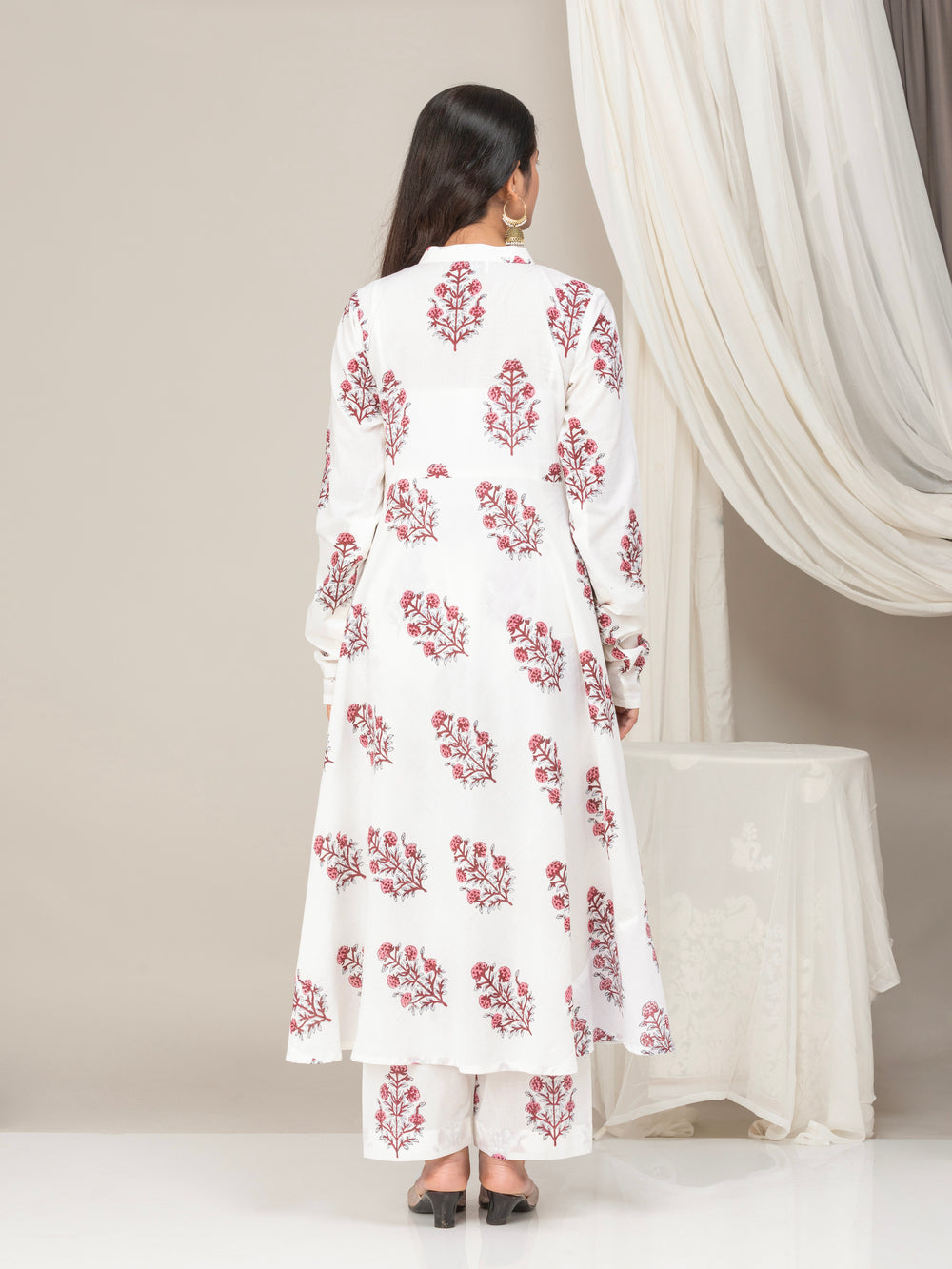 White Hand Block Print A-line Cotton Suit Set- Set of 3