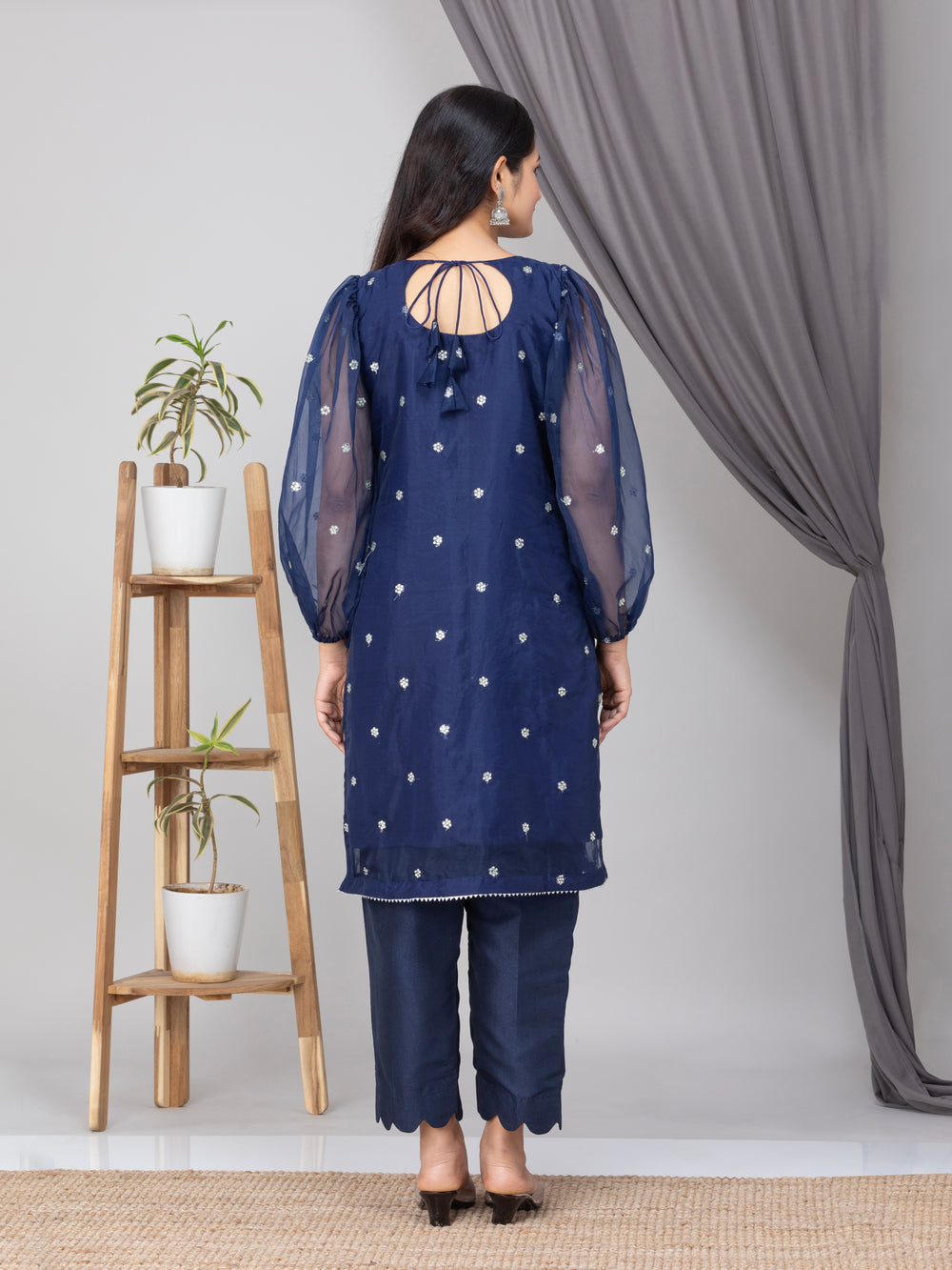 Dark Blue Organza Silk Embroidered Suit Set- Set of 3