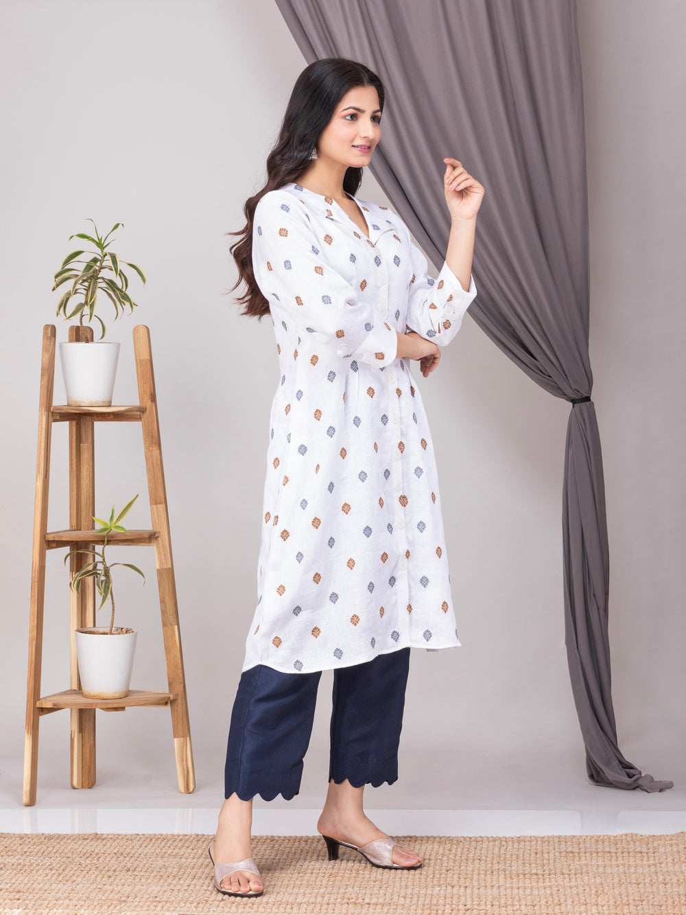 White Linen Kurta With Palazzo- Set of 2