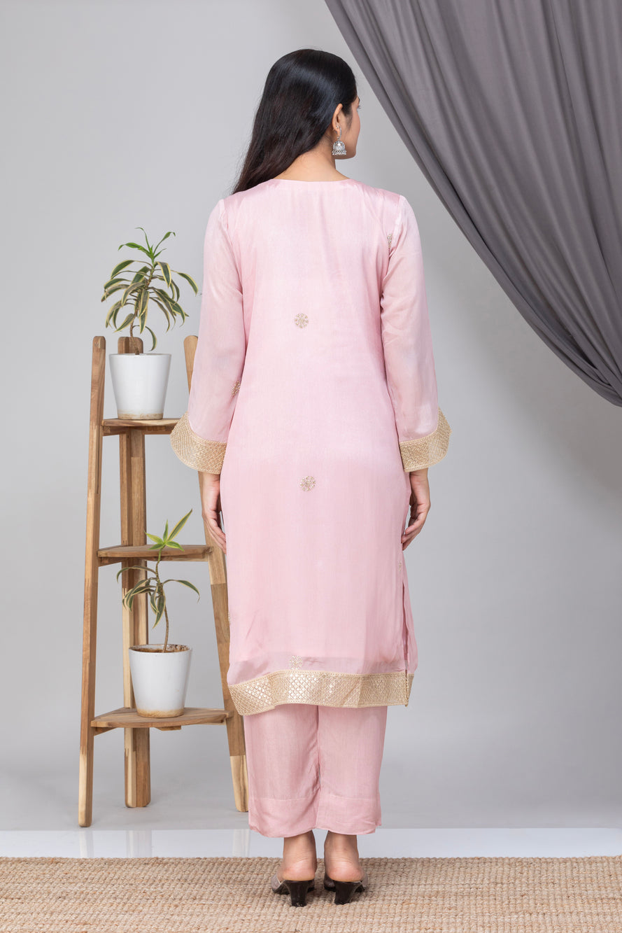 Peach Embroidered Chinos Silk Suit Set- Set of 2