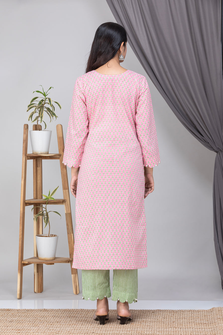 Pink Hand Block Print Cotton Suit Set- Set of 3