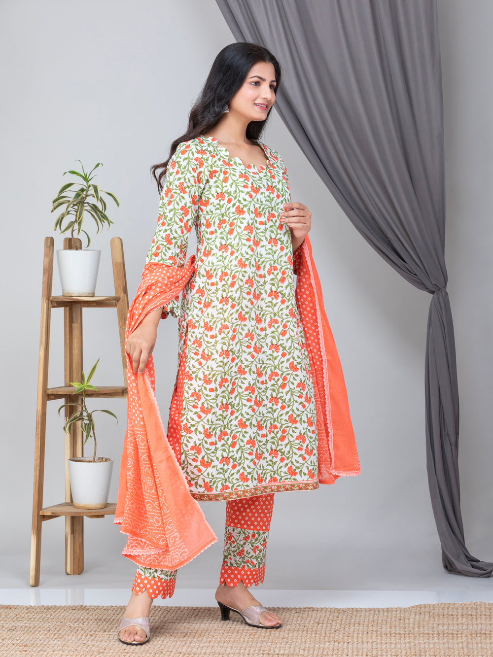 Orange Hand Block Print Cotton Suit- Set of 3