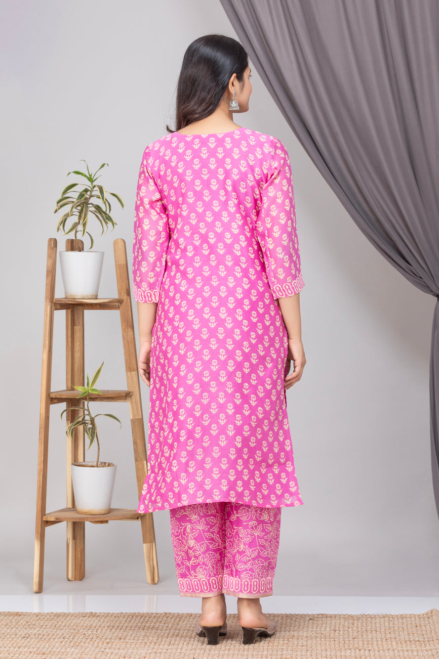 Pink Hand Block Print Chanderi Silk Suit Set- Set of 3