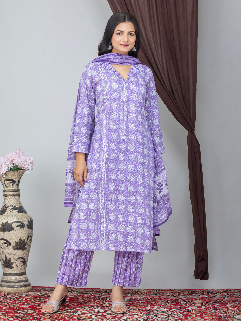 Lavender Hand Block Print Suit Set- Set of 3