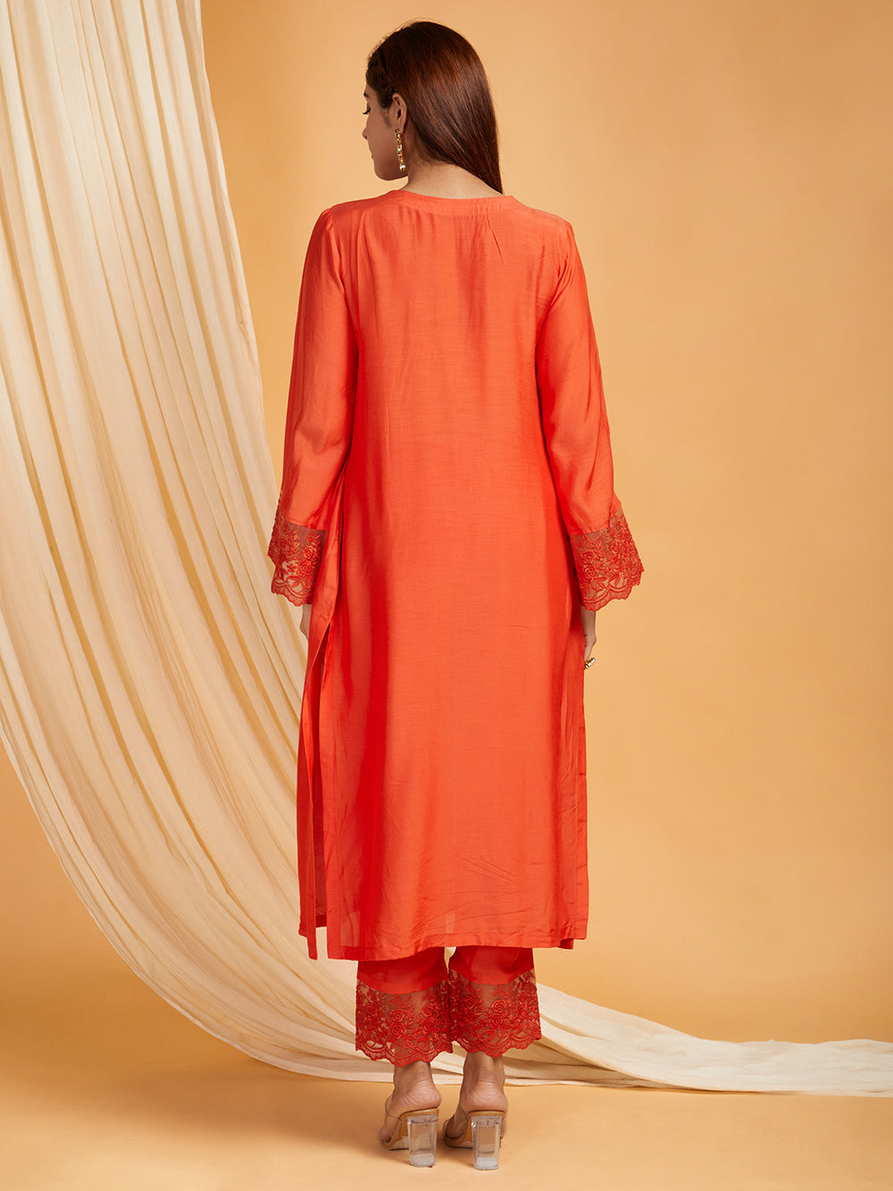 Red Cotton Silk Lace work Kurta with Pants- Set of 2