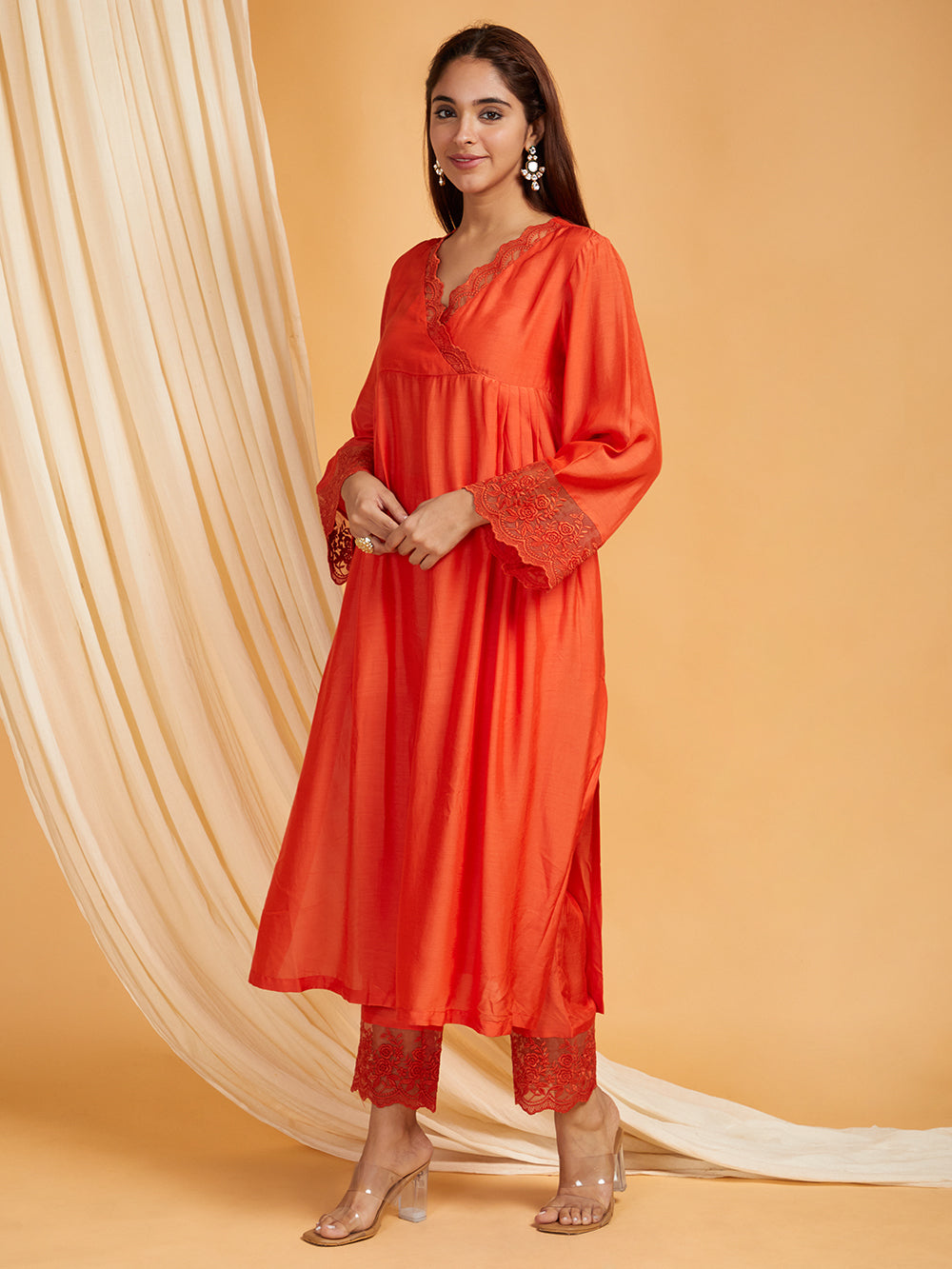 Red Cotton Silk Lace work Kurta with Pants- Set of 2