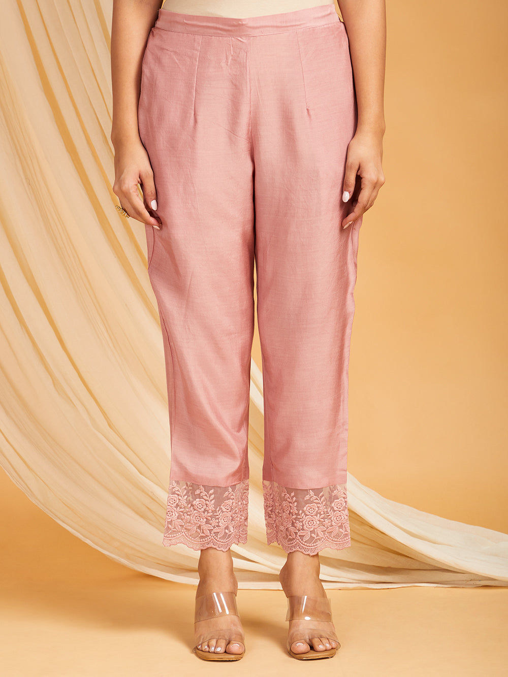 Old Rose Cotton Silk Lace work Kurta with Pants - Set of 2