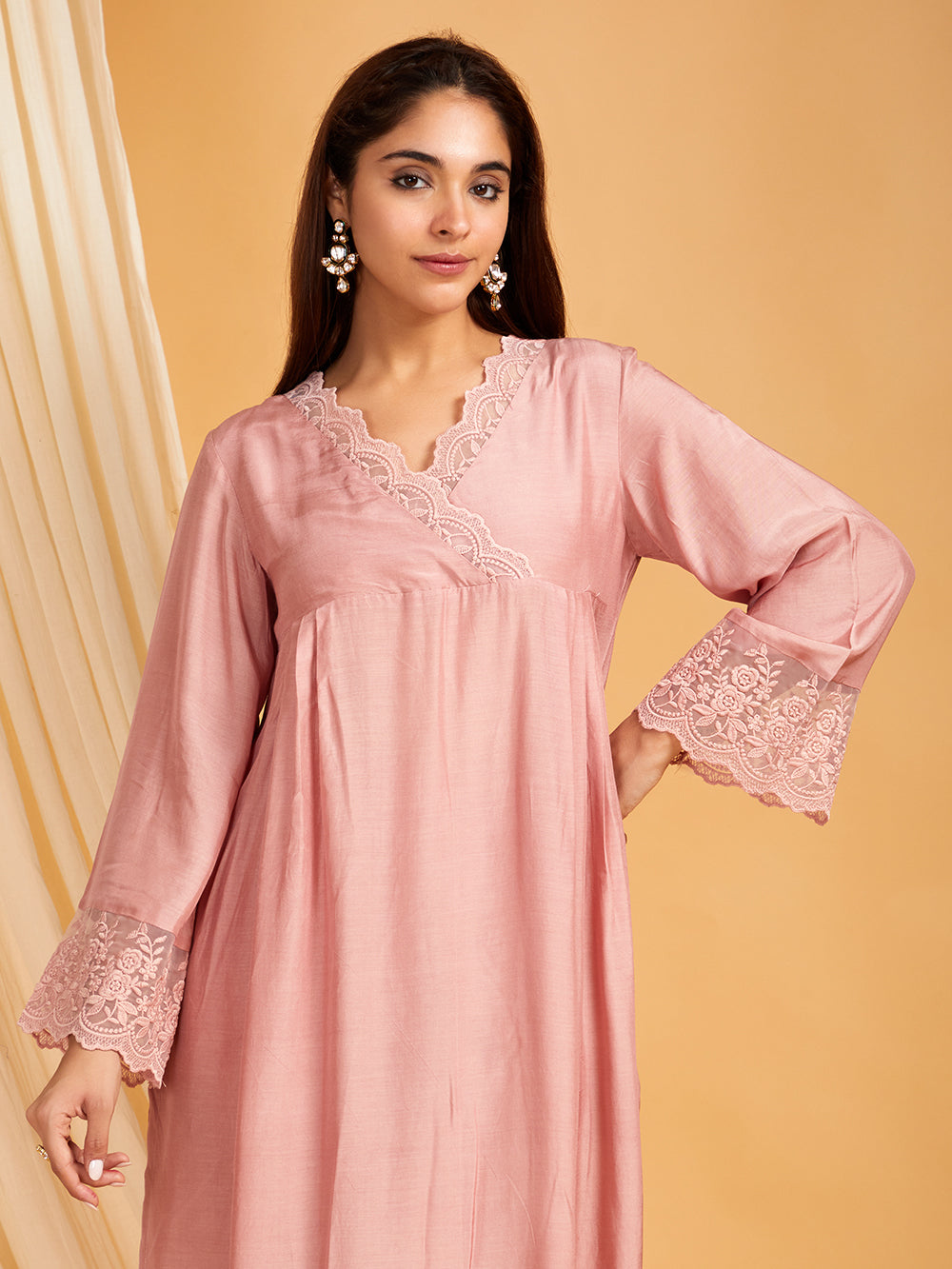 Old Rose Cotton Silk Lace work Kurta with Pants - Set of 2