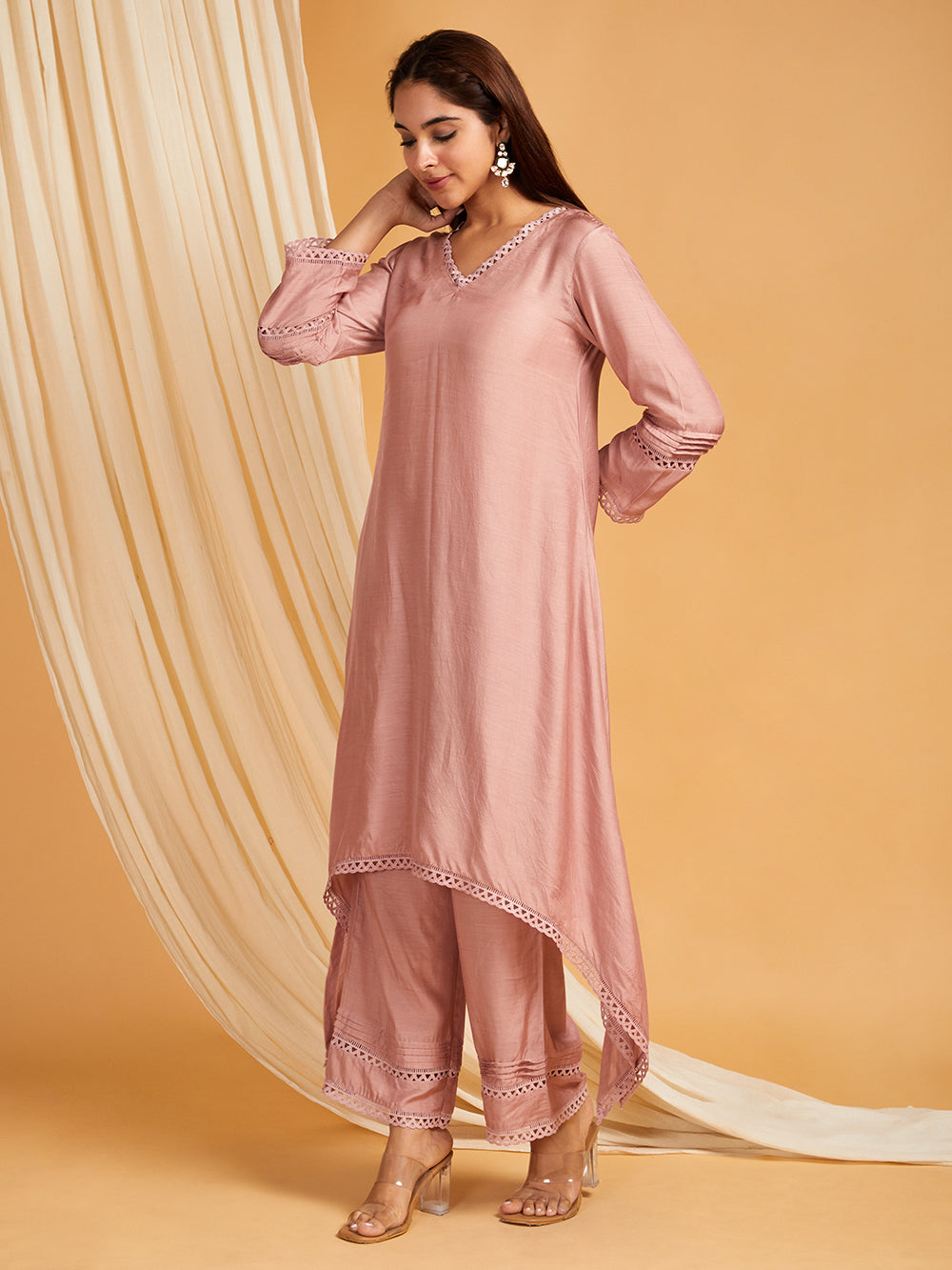 Old Rose Pink A-Line Cotton Silk Kurta & Pants with Lace Work- Set of 2